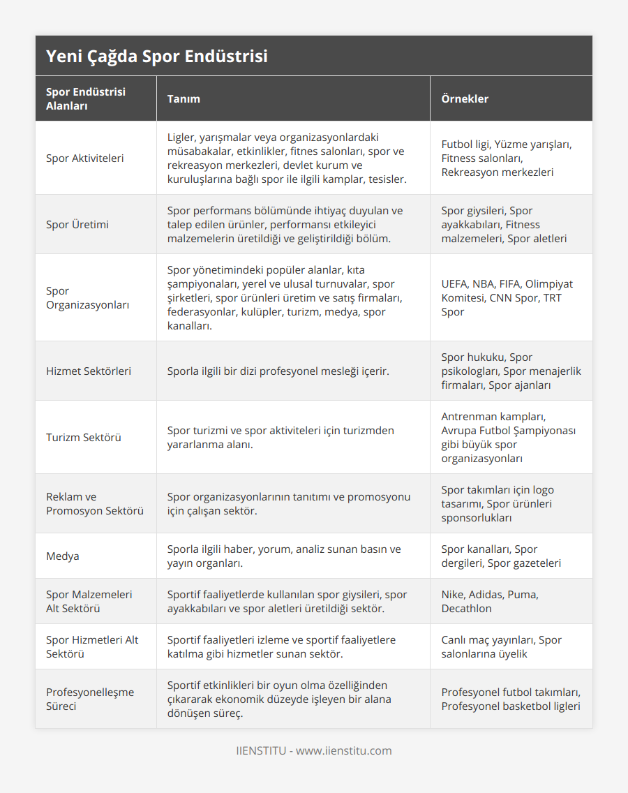 Spor Aktiviteleri, Ligler, yarışmalar veya organizasyonlardaki müsabakalar, etkinlikler, fitnes salonları, spor ve rekreasyon merkezleri, devlet kurum ve kuruluşlarına bağlı spor ile ilgili kamplar, tesisler, Futbol ligi, Yüzme yarışları, Fitness salonları, Rekreasyon merkezleri, Spor Üretimi, Spor performans bölümünde ihtiyaç duyulan ve talep edilen ürünler, performansı etkileyici malzemelerin üretildiği ve geliştirildiği bölüm, Spor giysileri, Spor ayakkabıları, Fitness malzemeleri, Spor aletleri, Spor Organizasyonları, Spor yönetimindeki popüler alanlar, kıta şampiyonaları, yerel ve ulusal turnuvalar, spor şirketleri, spor ürünleri üretim ve satış firmaları, federasyonlar, kulüpler, turizm, medya, spor kanalları, UEFA, NBA, FIFA, Olimpiyat Komitesi, CNN Spor, TRT Spor, Hizmet Sektörleri, Sporla ilgili bir dizi profesyonel mesleği içerir, Spor hukuku, Spor psikologları, Spor menajerlik firmaları, Spor ajanları, Turizm Sektörü, Spor turizmi ve spor aktiviteleri için turizmden yararlanma alanı, Antrenman kampları, Avrupa Futbol Şampiyonası gibi büyük spor organizasyonları, Reklam ve Promosyon Sektörü, Spor organizasyonlarının tanıtımı ve promosyonu için çalışan sektör, Spor takımları için logo tasarımı, Spor ürünleri sponsorlukları, Medya, Sporla ilgili haber, yorum, analiz sunan basın ve yayın organları, Spor kanalları, Spor dergileri, Spor gazeteleri, Spor Malzemeleri Alt Sektörü, Sportif faaliyetlerde kullanılan spor giysileri, spor ayakkabıları ve spor aletleri üretildiği sektör, Nike, Adidas, Puma, Decathlon, Spor Hizmetleri Alt Sektörü, Sportif faaliyetleri izleme ve sportif faaliyetlere katılma gibi hizmetler sunan sektör, Canlı maç yayınları, Spor salonlarına üyelik, Profesyonelleşme Süreci, Sportif etkinlikleri bir oyun olma özelliğinden çıkararak ekonomik düzeyde işleyen bir alana dönüşen süreç, Profesyonel futbol takımları, Profesyonel basketbol ligleri