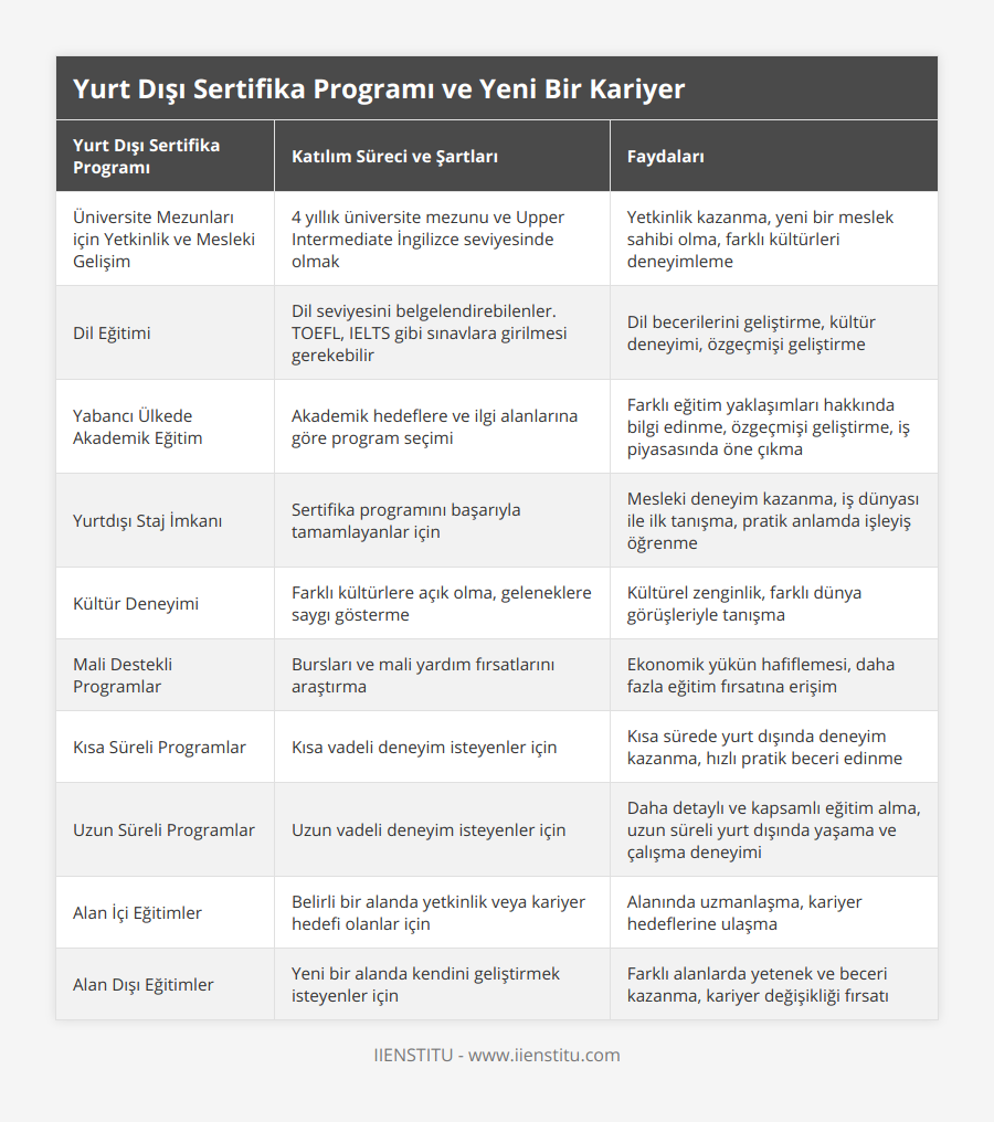 Üniversite Mezunları için Yetkinlik ve Mesleki Gelişim, 4 yıllık üniversite mezunu ve Upper Intermediate İngilizce seviyesinde olmak, Yetkinlik kazanma, yeni bir meslek sahibi olma, farklı kültürleri deneyimleme, Dil Eğitimi, Dil seviyesini belgelendirebilenler TOEFL, IELTS gibi sınavlara girilmesi gerekebilir, Dil becerilerini geliştirme, kültür deneyimi, özgeçmişi geliştirme, Yabancı Ülkede Akademik Eğitim, Akademik hedeflere ve ilgi alanlarına göre program seçimi, Farklı eğitim yaklaşımları hakkında bilgi edinme, özgeçmişi geliştirme, iş piyasasında öne çıkma, Yurtdışı Staj İmkanı, Sertifika programını başarıyla tamamlayanlar için, Mesleki deneyim kazanma, iş dünyası ile ilk tanışma, pratik anlamda işleyiş öğrenme, Kültür Deneyimi, Farklı kültürlere açık olma, geleneklere saygı gösterme, Kültürel zenginlik, farklı dünya görüşleriyle tanışma, Mali Destekli Programlar, Bursları ve mali yardım fırsatlarını araştırma, Ekonomik yükün hafiflemesi, daha fazla eğitim fırsatına erişim, Kısa Süreli Programlar, Kısa vadeli deneyim isteyenler için, Kısa sürede yurt dışında deneyim kazanma, hızlı pratik beceri edinme, Uzun Süreli Programlar, Uzun vadeli deneyim isteyenler için, Daha detaylı ve kapsamlı eğitim alma, uzun süreli yurt dışında yaşama ve çalışma deneyimi, Alan İçi Eğitimler, Belirli bir alanda yetkinlik veya kariyer hedefi olanlar için, Alanında uzmanlaşma, kariyer hedeflerine ulaşma, Alan Dışı Eğitimler, Yeni bir alanda kendini geliştirmek isteyenler için, Farklı alanlarda yetenek ve beceri kazanma, kariyer değişikliği fırsatı