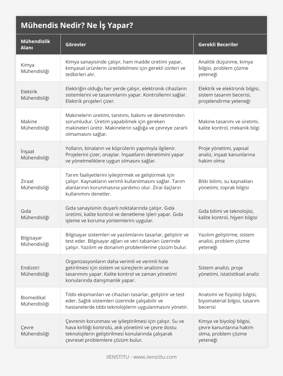 Kimya Mühendisliği, Kimya sanayisinde çalışır, ham madde üretimi yapar, kimyasal ürünlerin üretilebilmesi için gerekli izinleri ve tedbirleri alır, Analitik düşünme, kimya bilgisi, problem çözme yeteneği, Elektrik Mühendisliği, Elektriğin olduğu her yerde çalışır, elektronik cihazların sistemlerini ve tasarımlarını yapar Kontrollerini sağlar Elektrik projeleri çizer, Elektrik ve elektronik bilgisi, sistem tasarım becerisi, projelendirme yeteneği, Makine Mühendisliği, Makinelerin üretimi, tanıtımı, bakımı ve denetiminden sorumludur Üretim yapabilmek için gereken makineleri üretir Makinelerin sağlığa ve çevreye zararlı olmamasını sağlar, Makine tasarımı ve üretimi, kalite kontrol, mekanik bilgi, İnşaat Mühendisliği, Yolların, binaların ve köprülerin yapımıyla ilgilenir Projelerini çizer, onaylar İnşaatların denetimini yapar ve yönetmeliklere uygun olmasını sağlar, Proje yönetimi, yapısal analiz, inşaat kanunlarına hakim olma, Ziraat Mühendisliği, Tarım faaliyetlerini iyileştirmek ve geliştirmek için çalışır Kaynakların verimli kullanılmasını sağlar Tarım alanlarının korunmasına yardımcı olur Zirai ilaçların kullanımını denetler, Bitki bilimi, su kaynakları yönetimi, toprak bilgisi, Gıda Mühendisliği, Gıda sanayisinin duyarlı noktalarında çalışır Gıda üretimi, kalite kontrol ve denetleme işleri yapar Gıda işleme ve koruma yöntemlerini uygular, Gıda bilimi ve teknolojisi, kalite kontrol, hijyen bilgisi, Bilgisayar Mühendisliği, Bilgisayar sistemleri ve yazılımlarını tasarlar, geliştirir ve test eder Bilgisayar ağları ve veri tabanları üzerinde çalışır Yazılım ve donanım problemlerine çözüm bulur, Yazılım geliştirme, sistem analizi, problem çözme yeteneği, Endüstri Mühendisliği, Organizasyonların daha verimli ve verimli hale getirilmesi için sistem ve süreçlerin analizini ve tasarımını yapar Kalite kontrol ve zaman yönetimi konularında danışmanlık yapar, Sistem analizi, proje yönetimi, istatistiksel analiz, Biomedikal Mühendisliği, Tıbbi ekipmanları ve cihazları tasarlar, geliştirir ve test eder Sağlık sistemleri üzerinde çalışabilir ve hastanelerde tıbbi teknolojilerin uygulanmasını yönetir, Anatomi ve fizyoloji bilgisi, biyomaterial bilgisi, tasarım becerisi, Çevre Mühendisliği, Çevrenin korunması ve iyileştirilmesi için çalışır Su ve hava kirliliği kontrolü, atık yönetimi ve çevre dostu teknolojilerin geliştirilmesi konularında çalışarak çevresel problemlere çözüm bulur, Kimya ve biyoloji bilgisi, çevre kanunlarına hakim olma, problem çözme yeteneği