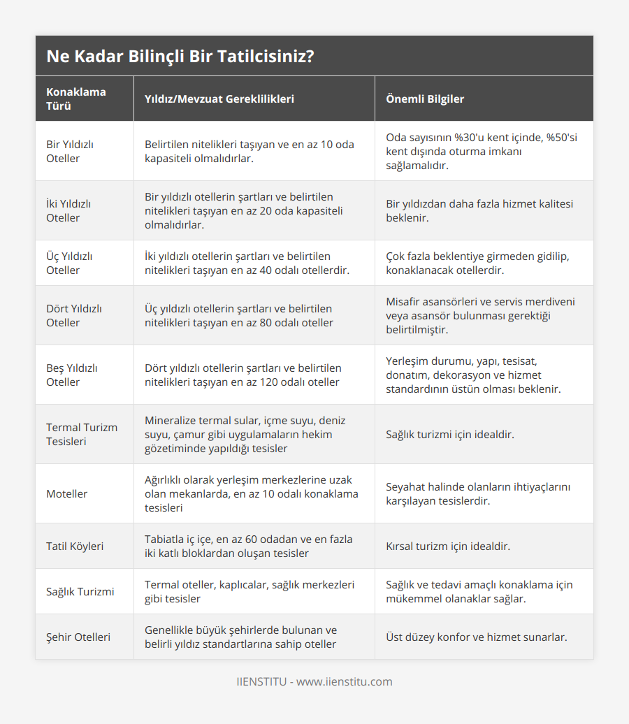 Bir Yıldızlı Oteller, Belirtilen nitelikleri taşıyan ve en az 10 oda kapasiteli olmalıdırlar, Oda sayısının %30'u kent içinde, %50'si kent dışında oturma imkanı sağlamalıdır, İki Yıldızlı Oteller, Bir yıldızlı otellerin şartları ve belirtilen nitelikleri taşıyan en az 20 oda kapasiteli olmalıdırlar, Bir yıldızdan daha fazla hizmet kalitesi beklenir, Üç Yıldızlı Oteller, İki yıldızlı otellerin şartları ve belirtilen nitelikleri taşıyan en az 40 odalı otellerdir, Çok fazla beklentiye girmeden gidilip, konaklanacak otellerdir, Dört Yıldızlı Oteller, Üç yıldızlı otellerin şartları ve belirtilen nitelikleri taşıyan en az 80 odalı oteller, Misafir asansörleri ve servis merdiveni veya asansör bulunması gerektiği belirtilmiştir, Beş Yıldızlı Oteller, Dört yıldızlı otellerin şartları ve belirtilen nitelikleri taşıyan en az 120 odalı oteller, Yerleşim durumu, yapı, tesisat, donatım, dekorasyon ve hizmet standardının üstün olması beklenir, Termal Turizm Tesisleri, Mineralize termal sular, içme suyu, deniz suyu, çamur gibi uygulamaların hekim gözetiminde yapıldığı tesisler, Sağlık turizmi için idealdir, Moteller, Ağırlıklı olarak yerleşim merkezlerine uzak olan mekanlarda, en az 10 odalı konaklama tesisleri, Seyahat halinde olanların ihtiyaçlarını karşılayan tesislerdir, Tatil Köyleri, Tabiatla iç içe, en az 60 odadan ve en fazla iki katlı bloklardan oluşan tesisler, Kırsal turizm için idealdir, Sağlık Turizmi, Termal oteller, kaplıcalar, sağlık merkezleri gibi tesisler, Sağlık ve tedavi amaçlı konaklama için mükemmel olanaklar sağlar, Şehir Otelleri, Genellikle büyük şehirlerde bulunan ve belirli yıldız standartlarına sahip oteller, Üst düzey konfor ve hizmet sunarlar