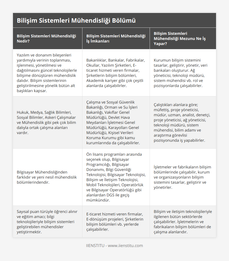 Yazılım ve donanım bileşenleri yardımıyla verinin toplanması, işlenmesi, yönetilmesi ve dağıtılmasını güncel teknolojilerle bilişime dönüştüren mühendislik dalıdır Bilişim sistemlerinin geliştirilmesine yönelik bütün alt başlıkları kapsar, Bakanlıklar, Bankalar, Fabrikalar, Okullar, Yazılım Şirketleri, E-ticaret hizmeti veren firmalar, Şirketlerin bilişim bölümleri, Akademik kariyer gibi çok çeşitli alanlarda çalışabilirler, Kurumun bilişim sistemini tasarlar, geliştirir, yönetir, veri bankaları oluşturur Ağ yöneticisi, teknoloji müdürü, sistem mühendisi vb rol ve pozisyonlarda çalışabilirler, Hukuk, Medya, Sağlık Bilimleri, Sosyal Bilimler, Askeri Çalışmalar ve Mühendislik gibi pek çok bilim dalıyla ortak çalışma alanları vardır, Çalışma ve Sosyal Güvenlik Bakanlığı, Orman ve Su İşleri Bakanlığı, Vakıflar Genel Müdürlüğü, Devlet Hava Meydanları İşletmesi Genel Müdürlüğü, Karayolları Genel Müdürlüğü, Kişisel Verileri Koruma Kurumu gibi kamu kurumlarında da çalışabilirler, Çalıştıkları alanlara göre; müfettiş, proje yöneticisi, müdür, uzman, analist, denetçi, proje yöneticisi, ağ yöneticisi, teknoloji müdürü, sistem mühendisi, bilim adamı ve araştırma görevlisi pozisyonunda iş yapabilirler, Bilgisayar Mühendisliğinden farklıdır ve yeni nesil mühendislik bölümlerindendir, Ön lisans programları arasında seçenek olup, Bilgisayar Programcılığı, Bilgisayar Donanımı, Bilgi Güvenliği Teknolojisi, Bilgisayar Teknolojisi, Bilişim ve İletişim Teknolojisi, Mobil Teknolojileri, Operatörlük ve Bilgisayar Operatörlüğü gibi alanlardan DGS ile geçiş mümkündür, İşletmeler ve fabrikaların bilişim bölümlerinde çalışabilir, kurum ve organizasyonların bilişim sistemini tasarlar, geliştirir ve yönetirler, Sayısal puan türüyle öğrenci alınır ve eğitim amacı; bilgi teknolojileriyle bilişim sistemleri geliştirebilen mühendisler yetiştirmektir, E-ticaret hizmeti veren firmalar, E-dönüşüm projeleri, Şirketlerin bilişim bölümleri vb yerlerde çalışabilirler, Bilişim ve iletişim teknolojileriyle ilgilenen bütün sektörlerde çalışabilirler İşletmelerin ve fabrikaların bilişim bölümleri de çalışma alanlarıdır