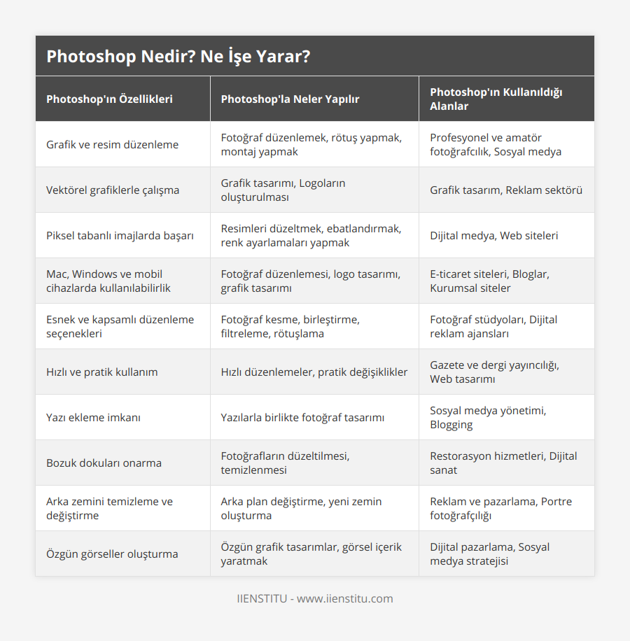 Grafik ve resim düzenleme, Fotoğraf düzenlemek, rötuş yapmak, montaj yapmak, Profesyonel ve amatör fotoğrafcılık, Sosyal medya, Vektörel grafiklerle çalışma, Grafik tasarımı, Logoların oluşturulması, Grafik tasarım, Reklam sektörü, Piksel tabanlı imajlarda başarı, Resimleri düzeltmek, ebatlandırmak, renk ayarlamaları yapmak, Dijital medya, Web siteleri, Mac, Windows ve mobil cihazlarda kullanılabilirlik, Fotoğraf düzenlemesi, logo tasarımı, grafik tasarımı, E-ticaret siteleri, Bloglar, Kurumsal siteler, Esnek ve kapsamlı düzenleme seçenekleri, Fotoğraf kesme, birleştirme, filtreleme, rötuşlama, Fotoğraf stüdyoları, Dijital reklam ajansları, Hızlı ve pratik kullanım, Hızlı düzenlemeler, pratik değişiklikler, Gazete ve dergi yayıncılığı, Web tasarımı, Yazı ekleme imkanı, Yazılarla birlikte fotoğraf tasarımı, Sosyal medya yönetimi, Blogging, Bozuk dokuları onarma, Fotoğrafların düzeltilmesi, temizlenmesi, Restorasyon hizmetleri, Dijital sanat, Arka zemini temizleme ve değiştirme, Arka plan değiştirme, yeni zemin oluşturma, Reklam ve pazarlama, Portre fotoğrafçılığı, Özgün görseller oluşturma, Özgün grafik tasarımlar, görsel içerik yaratmak, Dijital pazarlama, Sosyal medya stratejisi