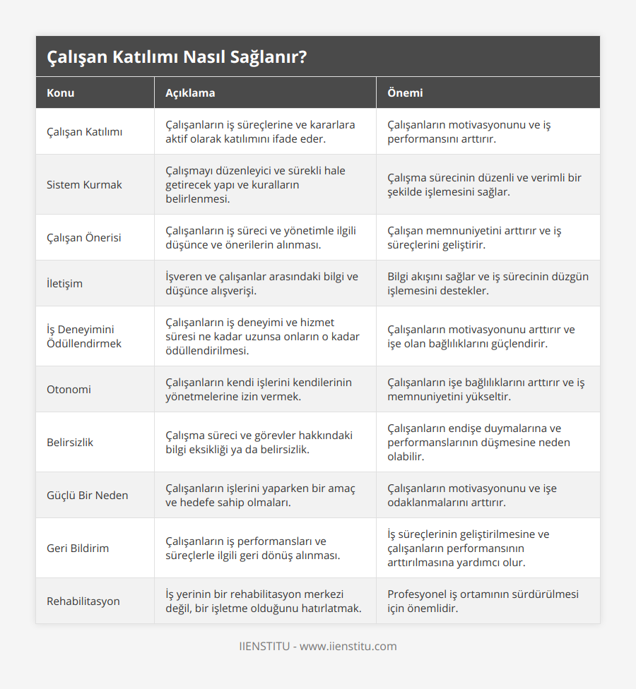 Çalışan Katılımı, Çalışanların iş süreçlerine ve kararlara aktif olarak katılımını ifade eder, Çalışanların motivasyonunu ve iş performansını arttırır, Sistem Kurmak, Çalışmayı düzenleyici ve sürekli hale getirecek yapı ve kuralların belirlenmesi, Çalışma sürecinin düzenli ve verimli bir şekilde işlemesini sağlar, Çalışan Önerisi, Çalışanların iş süreci ve yönetimle ilgili düşünce ve önerilerin alınması, Çalışan memnuniyetini arttırır ve iş süreçlerini geliştirir, İletişim, İşveren ve çalışanlar arasındaki bilgi ve düşünce alışverişi, Bilgi akışını sağlar ve iş sürecinin düzgün işlemesini destekler, İş Deneyimini Ödüllendirmek, Çalışanların iş deneyimi ve hizmet süresi ne kadar uzunsa onların o kadar ödüllendirilmesi, Çalışanların motivasyonunu arttırır ve işe olan bağlılıklarını güçlendirir, Otonomi, Çalışanların kendi işlerini kendilerinin yönetmelerine izin vermek, Çalışanların işe bağlılıklarını arttırır ve iş memnuniyetini yükseltir, Belirsizlik, Çalışma süreci ve görevler hakkındaki bilgi eksikliği ya da belirsizlik, Çalışanların endişe duymalarına ve performanslarının düşmesine neden olabilir, Güçlü Bir Neden, Çalışanların işlerini yaparken bir amaç ve hedefe sahip olmaları, Çalışanların motivasyonunu ve işe odaklanmalarını arttırır, Geri Bildirim, Çalışanların iş performansları ve süreçlerle ilgili geri dönüş alınması, İş süreçlerinin geliştirilmesine ve çalışanların performansının arttırılmasına yardımcı olur, Rehabilitasyon, İş yerinin bir rehabilitasyon merkezi değil, bir işletme olduğunu hatırlatmak, Profesyonel iş ortamının sürdürülmesi için önemlidir