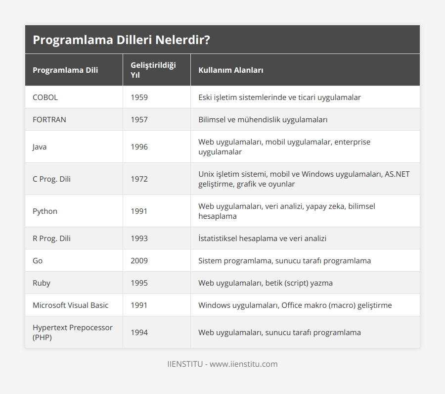 COBOL, 1959, Eski işletim sistemlerinde ve ticari uygulamalar, FORTRAN, 1957, Bilimsel ve mühendislik uygulamaları, Java, 1996, Web uygulamaları, mobil uygulamalar, enterprise uygulamalar, C Prog Dili, 1972, Unix işletim sistemi, mobil ve Windows uygulamaları, ASNET geliştirme, grafik ve oyunlar, Python, 1991, Web uygulamaları, veri analizi, yapay zeka, bilimsel hesaplama, R Prog Dili, 1993, İstatistiksel hesaplama ve veri analizi, Go, 2009, Sistem programlama, sunucu tarafı programlama, Ruby, 1995, Web uygulamaları, betik (script) yazma, Microsoft Visual Basic, 1991, Windows uygulamaları, Office makro (macro) geliştirme, Hypertext Prepocessor (PHP), 1994, Web uygulamaları, sunucu tarafı programlama