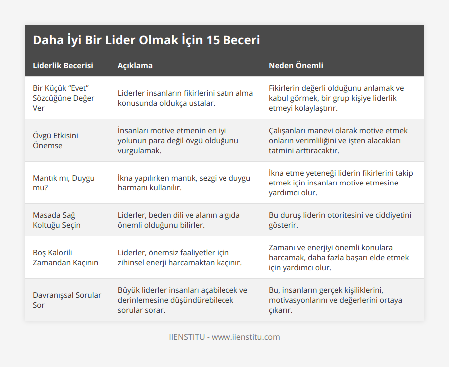 Bir Küçük “Evet” Sözcüğüne Değer Ver, Liderler insanların fikirlerini satın alma konusunda oldukça ustalar, Fikirlerin değerli olduğunu anlamak ve kabul görmek, bir grup kişiye liderlik etmeyi kolaylaştırır, Övgü Etkisini Önemse, İnsanları motive etmenin en iyi yolunun para değil övgü olduğunu vurgulamak, Çalışanları manevi olarak motive etmek onların verimliliğini ve işten alacakları tatmini arttıracaktır, Mantık mı, Duygu mu?, İkna yapılırken mantık, sezgi ve duygu harmanı kullanılır, İkna etme yeteneği liderin fikirlerini takip etmek için insanları motive etmesine yardımcı olur, Masada Sağ Koltuğu Seçin, Liderler, beden dili ve alanın algıda önemli olduğunu bilirler, Bu duruş liderin otoritesini ve ciddiyetini gösterir, Boş Kalorili Zamandan Kaçının, Liderler, önemsiz faaliyetler için zihinsel enerji harcamaktan kaçınır, Zamanı ve enerjiyi önemli konulara harcamak, daha fazla başarı elde etmek için yardımcı olur, Davranışsal Sorular Sor, Büyük liderler insanları açabilecek ve derinlemesine düşündürebilecek sorular sorar, Bu, insanların gerçek kişiliklerini, motivasyonlarını ve değerlerini ortaya çıkarır