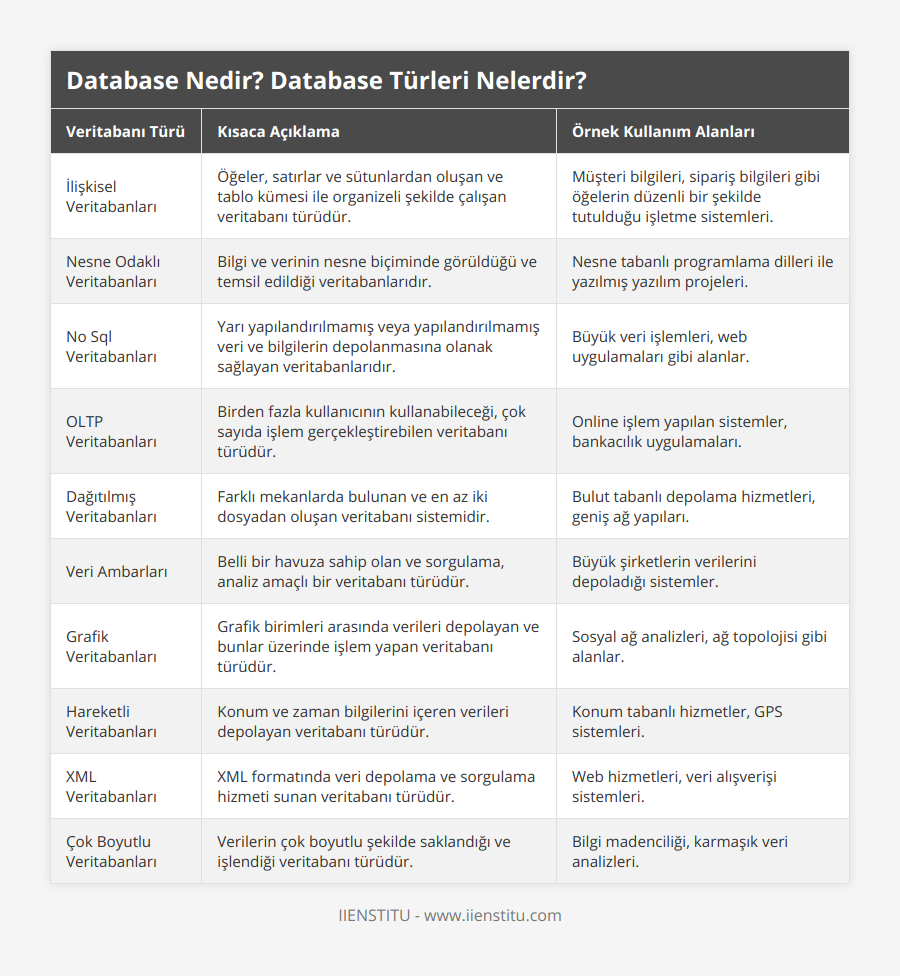 İlişkisel Veritabanları, Öğeler, satırlar ve sütunlardan oluşan ve tablo kümesi ile organizeli şekilde çalışan veritabanı türüdür, Müşteri bilgileri, sipariş bilgileri gibi öğelerin düzenli bir şekilde tutulduğu işletme sistemleri, Nesne Odaklı Veritabanları, Bilgi ve verinin nesne biçiminde görüldüğü ve temsil edildiği veritabanlarıdır, Nesne tabanlı programlama dilleri ile yazılmış yazılım projeleri, No Sql Veritabanları, Yarı yapılandırılmamış veya yapılandırılmamış veri ve bilgilerin depolanmasına olanak sağlayan veritabanlarıdır, Büyük veri işlemleri, web uygulamaları gibi alanlar, OLTP Veritabanları, Birden fazla kullanıcının kullanabileceği, çok sayıda işlem gerçekleştirebilen veritabanı türüdür, Online işlem yapılan sistemler, bankacılık uygulamaları, Dağıtılmış Veritabanları, Farklı mekanlarda bulunan ve en az iki dosyadan oluşan veritabanı sistemidir, Bulut tabanlı depolama hizmetleri, geniş ağ yapıları, Veri Ambarları, Belli bir havuza sahip olan ve sorgulama, analiz amaçlı bir veritabanı türüdür, Büyük şirketlerin verilerini depoladığı sistemler, Grafik Veritabanları, Grafik birimleri arasında verileri depolayan ve bunlar üzerinde işlem yapan veritabanı türüdür, Sosyal ağ analizleri, ağ topolojisi gibi alanlar, Hareketli Veritabanları, Konum ve zaman bilgilerini içeren verileri depolayan veritabanı türüdür, Konum tabanlı hizmetler, GPS sistemleri, XML Veritabanları, XML formatında veri depolama ve sorgulama hizmeti sunan veritabanı türüdür, Web hizmetleri, veri alışverişi sistemleri, Çok Boyutlu Veritabanları, Verilerin çok boyutlu şekilde saklandığı ve işlendiği veritabanı türüdür, Bilgi madenciliği, karmaşık veri analizleri
