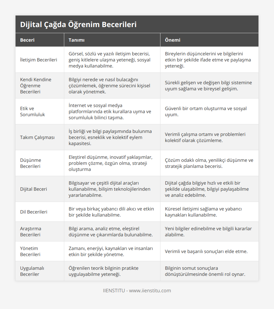 İletişim Becerileri, Görsel, sözlü ve yazılı iletişim becerisi, geniş kitlelere ulaşma yeteneği, sosyal medya kullanabilme, Bireylerin düşüncelerini ve bilgilerini etkin bir şekilde ifade etme ve paylaşma yeteneği, Kendi Kendine Öğrenme Becerileri, Bilgiyi nerede ve nasıl bulacağını çözümlemek, öğrenme sürecini kişisel olarak yönetmek, Sürekli gelişen ve değişen bilgi sistemine uyum sağlama ve bireysel gelişim, Etik ve Sorumluluk, İnternet ve sosyal medya platformlarında etik kurallara uyma ve sorumluluk bilinci taşıma, Güvenli bir ortam oluşturma ve sosyal uyum, Takım Çalışması, İş birliği ve bilgi paylaşımında bulunma becerisi, esneklik ve kolektif eylem kapasitesi, Verimli çalışma ortamı ve problemleri kolektif olarak çözümleme, Düşünme Becerileri, Eleştirel düşünme, inovatif yaklaşımlar, problem çözme, özgün olma, strateji oluşturma, Çözüm odaklı olma, yenilikçi düşünme ve stratejik planlama becerisi, Dijital Beceri, Bilgisayar ve çeşitli dijital araçları kullanabilme, bilişim teknolojilerinden yararlanabilme, Dijital çağda bilgiye hızlı ve etkili bir şekilde ulaşabilme, bilgiyi paylaşabilme ve analiz edebilme, Dil Becerileri, Bir veya birkaç yabancı dili akıcı ve etkin bir şekilde kullanabilme, Küresel iletişimi sağlama ve yabancı kaynakları kullanabilme, Araştırma Becerileri, Bilgi arama, analiz etme, eleştirel düşünme ve çıkarımlarda bulunabilme, Yeni bilgiler edinebilme ve bilgili kararlar alabilme, Yönetim Becerileri, Zamanı, enerjiyi, kaynakları ve insanları etkin bir şekilde yönetme, Verimli ve başarılı sonuçları elde etme, Uygulamalı Beceriler, Öğrenilen teorik bilginin pratikte uygulayabilme yeteneği, Bilginin somut sonuçlara dönüştürülmesinde önemli rol oynar