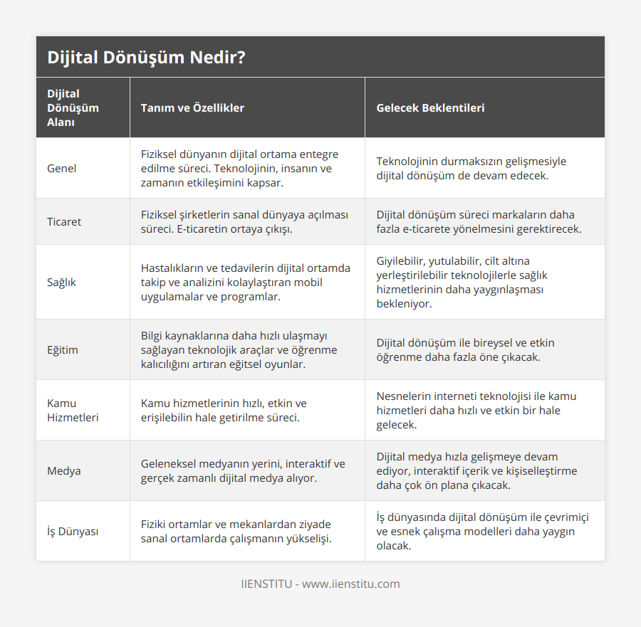 Genel, Fiziksel dünyanın dijital ortama entegre edilme süreci Teknolojinin, insanın ve zamanın etkileşimini kapsar, Teknolojinin durmaksızın gelişmesiyle dijital dönüşüm de devam edecek, Ticaret, Fiziksel şirketlerin sanal dünyaya açılması süreci E-ticaretin ortaya çıkışı, Dijital dönüşüm süreci markaların daha fazla e-ticarete yönelmesini gerektirecek, Sağlık, Hastalıkların ve tedavilerin dijital ortamda takip ve analizini kolaylaştıran mobil uygulamalar ve programlar, Giyilebilir, yutulabilir, cilt altına yerleştirilebilir teknolojilerle sağlık hizmetlerinin daha yaygınlaşması bekleniyor, Eğitim, Bilgi kaynaklarına daha hızlı ulaşmayı sağlayan teknolojik araçlar ve öğrenme kalıcılığını artıran eğitsel oyunlar, Dijital dönüşüm ile bireysel ve etkin öğrenme daha fazla öne çıkacak, Kamu Hizmetleri, Kamu hizmetlerinin hızlı, etkin ve erişilebilin hale getirilme süreci, Nesnelerin interneti teknolojisi ile kamu hizmetleri daha hızlı ve etkin bir hale gelecek, Medya, Geleneksel medyanın yerini, interaktif ve gerçek zamanlı dijital medya alıyor, Dijital medya hızla gelişmeye devam ediyor, interaktif içerik ve kişiselleştirme daha çok ön plana çıkacak, İş Dünyası, Fiziki ortamlar ve mekanlardan ziyade sanal ortamlarda çalışmanın yükselişi, İş dünyasında dijital dönüşüm ile çevrimiçi ve esnek çalışma modelleri daha yaygın olacak