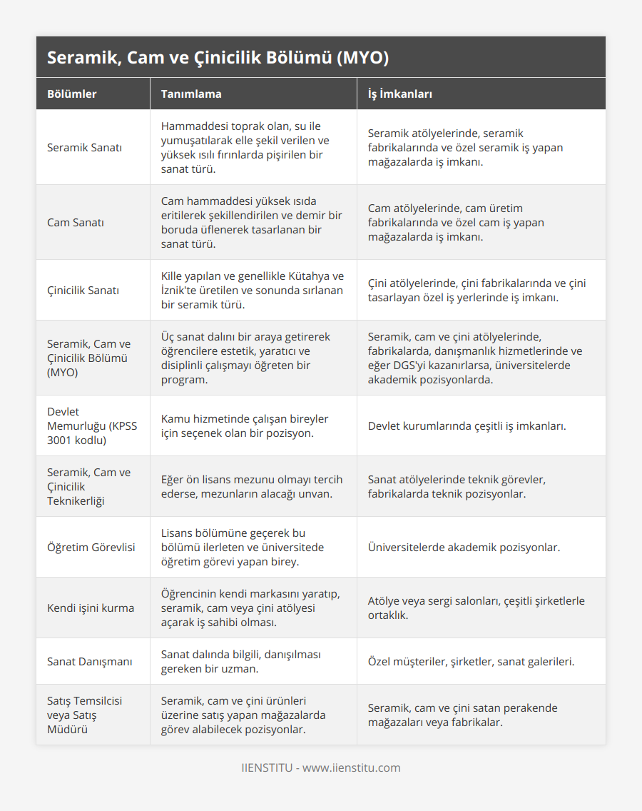Seramik Sanatı, Hammaddesi toprak olan, su ile yumuşatılarak elle şekil verilen ve yüksek ısılı fırınlarda pişirilen bir sanat türü, Seramik atölyelerinde, seramik fabrikalarında ve özel seramik iş yapan mağazalarda iş imkanı, Cam Sanatı, Cam hammaddesi yüksek ısıda eritilerek şekillendirilen ve demir bir boruda üflenerek tasarlanan bir sanat türü, Cam atölyelerinde, cam üretim fabrikalarında ve özel cam iş yapan mağazalarda iş imkanı, Çinicilik Sanatı, Kille yapılan ve genellikle Kütahya ve İznik'te üretilen ve sonunda sırlanan bir seramik türü, Çini atölyelerinde, çini fabrikalarında ve çini tasarlayan özel iş yerlerinde iş imkanı, Seramik, Cam ve Çinicilik Bölümü (MYO), Üç sanat dalını bir araya getirerek öğrencilere estetik, yaratıcı ve disiplinli çalışmayı öğreten bir program, Seramik, cam ve çini atölyelerinde, fabrikalarda, danışmanlık hizmetlerinde ve eğer DGS'yi kazanırlarsa, üniversitelerde akademik pozisyonlarda, Devlet Memurluğu (KPSS 3001 kodlu), Kamu hizmetinde çalışan bireyler için seçenek olan bir pozisyon, Devlet kurumlarında çeşitli iş imkanları, Seramik, Cam ve Çinicilik Teknikerliği, Eğer ön lisans mezunu olmayı tercih ederse, mezunların alacağı unvan, Sanat atölyelerinde teknik görevler, fabrikalarda teknik pozisyonlar, Öğretim Görevlisi, Lisans bölümüne geçerek bu bölümü ilerleten ve üniversitede öğretim görevi yapan birey, Üniversitelerde akademik pozisyonlar, Kendi işini kurma, Öğrencinin kendi markasını yaratıp, seramik, cam veya çini atölyesi açarak iş sahibi olması, Atölye veya sergi salonları, çeşitli şirketlerle ortaklık, Sanat Danışmanı, Sanat dalında bilgili, danışılması gereken bir uzman, Özel müşteriler, şirketler, sanat galerileri, Satış Temsilcisi veya Satış Müdürü, Seramik, cam ve çini ürünleri üzerine satış yapan mağazalarda görev alabilecek pozisyonlar, Seramik, cam ve çini satan perakende mağazaları veya fabrikalar