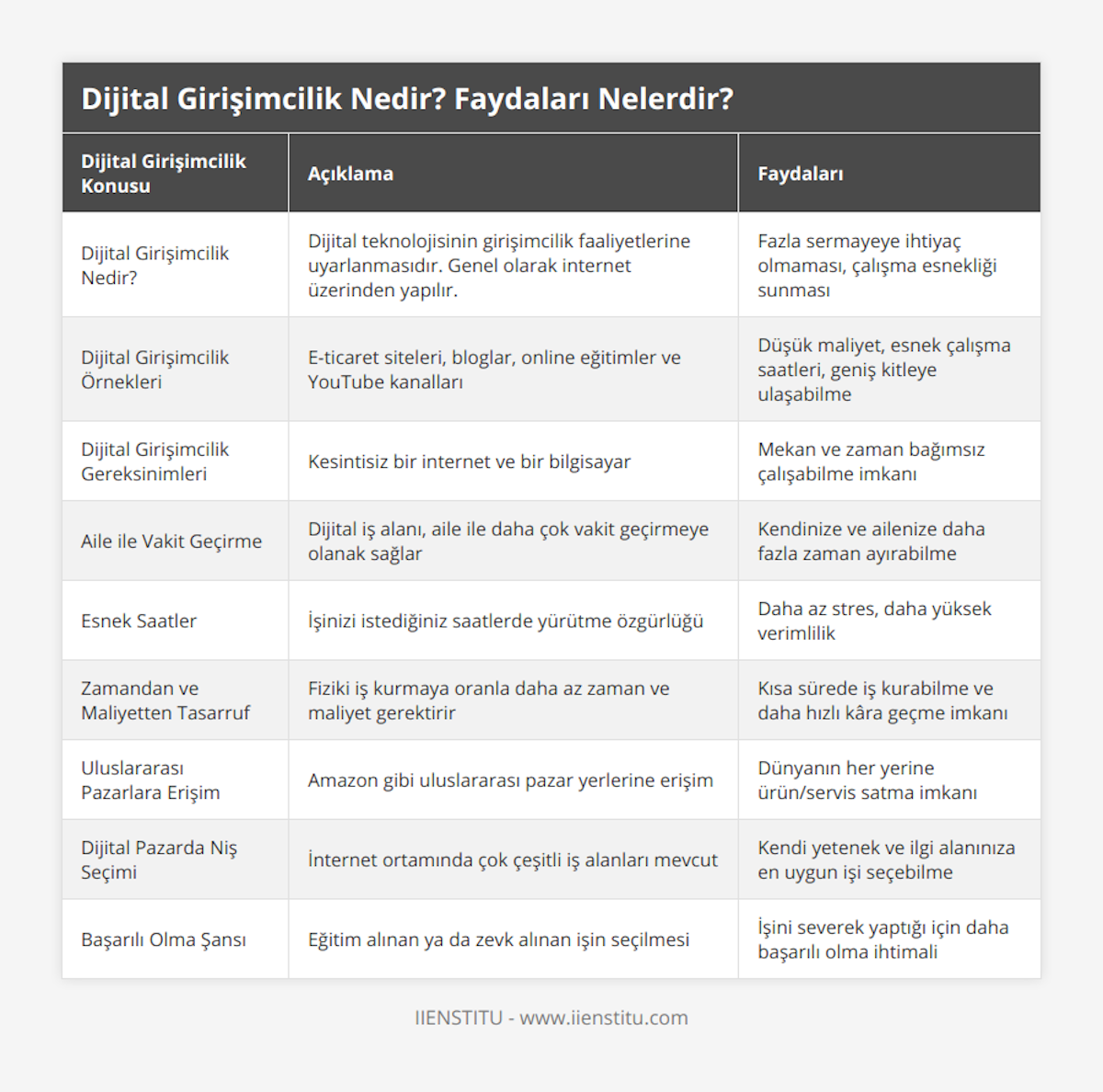 Dijital Girişimcilik Nedir?, Dijital teknolojisinin girişimcilik faaliyetlerine uyarlanmasıdır Genel olarak internet üzerinden yapılır, Fazla sermayeye ihtiyaç olmaması, çalışma esnekliği sunması, Dijital Girişimcilik Örnekleri, E-ticaret siteleri, bloglar, online eğitimler ve YouTube kanalları, Düşük maliyet, esnek çalışma saatleri, geniş kitleye ulaşabilme, Dijital Girişimcilik Gereksinimleri, Kesintisiz bir internet ve bir bilgisayar, Mekan ve zaman bağımsız çalışabilme imkanı, Aile ile Vakit Geçirme, Dijital iş alanı, aile ile daha çok vakit geçirmeye olanak sağlar, Kendinize ve ailenize daha fazla zaman ayırabilme, Esnek Saatler, İşinizi istediğiniz saatlerde yürütme özgürlüğü, Daha az stres, daha yüksek verimlilik, Zamandan ve Maliyetten Tasarruf, Fiziki iş kurmaya oranla daha az zaman ve maliyet gerektirir, Kısa sürede iş kurabilme ve daha hızlı kâra geçme imkanı, Uluslararası Pazarlara Erişim, Amazon gibi uluslararası pazar yerlerine erişim, Dünyanın her yerine ürün/servis satma imkanı, Dijital Pazarda Niş Seçimi, İnternet ortamında çok çeşitli iş alanları mevcut, Kendi yetenek ve ilgi alanınıza en uygun işi seçebilme, Başarılı Olma Şansı, Eğitim alınan ya da zevk alınan işin seçilmesi, İşini severek yaptığı için daha başarılı olma ihtimali