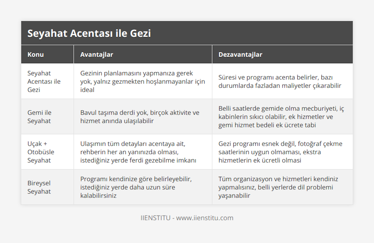 Seyahat Acentası ile Gezi, Gezinin planlamasını yapmanıza gerek yok, yalnız gezmekten hoşlanmayanlar için ideal, Süresi ve programı acenta belirler, bazı durumlarda fazladan maliyetler çıkarabilir, Gemi ile Seyahat, Bavul taşıma derdi yok, birçok aktivite ve hizmet anında ulaşılabilir, Belli saatlerde gemide olma mecburiyeti, iç kabinlerin sıkıcı olabilir, ek hizmetler ve gemi hizmet bedeli ek ücrete tabi, Uçak + Otobüsle Seyahat, Ulaşımın tüm detayları acentaya ait, rehberin her an yanınızda olması, istediğiniz yerde ferdi gezebilme imkanı, Gezi programı esnek değil, fotoğraf çekme saatlerinin uygun olmaması, ekstra hizmetlerin ek ücretli olmasi, Bireysel Seyahat, Programı kendinize göre belirleyebilir, istediğiniz yerde daha uzun süre kalabilirsiniz, Tüm organizasyon ve hizmetleri kendiniz yapmalısınız, belli yerlerde dil problemi yaşanabilir
