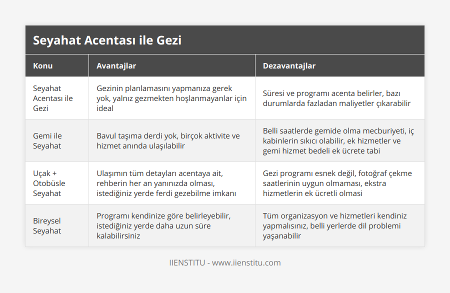 Seyahat Acentası ile Gezi, Gezinin planlamasını yapmanıza gerek yok, yalnız gezmekten hoşlanmayanlar için ideal, Süresi ve programı acenta belirler, bazı durumlarda fazladan maliyetler çıkarabilir, Gemi ile Seyahat, Bavul taşıma derdi yok, birçok aktivite ve hizmet anında ulaşılabilir, Belli saatlerde gemide olma mecburiyeti, iç kabinlerin sıkıcı olabilir, ek hizmetler ve gemi hizmet bedeli ek ücrete tabi, Uçak + Otobüsle Seyahat, Ulaşımın tüm detayları acentaya ait, rehberin her an yanınızda olması, istediğiniz yerde ferdi gezebilme imkanı, Gezi programı esnek değil, fotoğraf çekme saatlerinin uygun olmaması, ekstra hizmetlerin ek ücretli olmasi, Bireysel Seyahat, Programı kendinize göre belirleyebilir, istediğiniz yerde daha uzun süre kalabilirsiniz, Tüm organizasyon ve hizmetleri kendiniz yapmalısınız, belli yerlerde dil problemi yaşanabilir