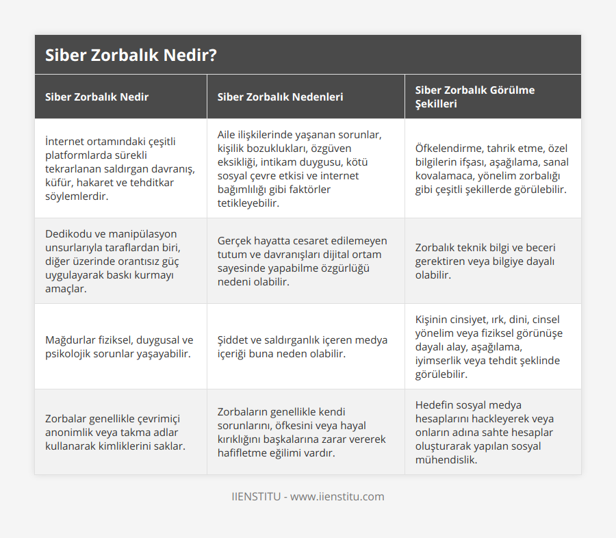 İnternet ortamındaki çeşitli platformlarda sürekli tekrarlanan saldırgan davranış, küfür, hakaret ve tehditkar söylemlerdir, Aile ilişkilerinde yaşanan sorunlar, kişilik bozuklukları, özgüven eksikliği, intikam duygusu, kötü sosyal çevre etkisi ve internet bağımlılığı gibi faktörler tetikleyebilir, Öfkelendirme, tahrik etme, özel bilgilerin ifşası, aşağılama, sanal kovalamaca, yönelim zorbalığı gibi çeşitli şekillerde görülebilir, Dedikodu ve manipülasyon unsurlarıyla taraflardan biri, diğer üzerinde orantısız güç uygulayarak baskı kurmayı amaçlar, Gerçek hayatta cesaret edilemeyen tutum ve davranışları dijital ortam sayesinde yapabilme özgürlüğü nedeni olabilir, Zorbalık teknik bilgi ve beceri gerektiren veya bilgiye dayalı olabilir, Mağdurlar fiziksel, duygusal ve psikolojik sorunlar yaşayabilir, Şiddet ve saldırganlık içeren medya içeriği buna neden olabilir, Kişinin cinsiyet, ırk, dini, cinsel yönelim veya fiziksel görünüşe dayalı alay, aşağılama, iyimserlik veya tehdit şeklinde görülebilir, Zorbalar genellikle çevrimiçi anonimlik veya takma adlar kullanarak kimliklerini saklar, Zorbaların genellikle kendi sorunlarını, öfkesini veya hayal kırıklığını başkalarına zarar vererek hafifletme eğilimi vardır, Hedefin sosyal medya hesaplarını hackleyerek veya onların adına sahte hesaplar oluşturarak yapılan sosyal mühendislik