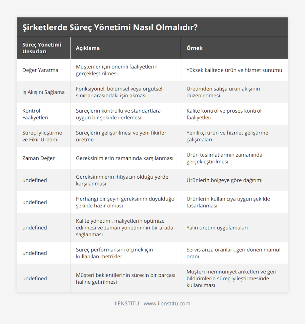 Değer Yaratma, Müşteriler için önemli faaliyetlerin gerçekleştirilmesi, Yüksek kalitede ürün ve hizmet sunumu, İş Akışını Sağlama, Fonksiyonel, bölümsel veya örgütsel sınırlar arasındaki işin akması, Üretimden satışa ürün akışının düzenlenmesi, Kontrol Faaliyetleri, Süreçlerin kontrollü ve standartlara uygun bir şekilde ilerlemesi, Kalite kontrol ve proses kontrol faaliyetleri, Süreç İyileştirme ve Fikir Üretimi, Süreçlerin geliştirilmesi ve yeni fikirler üretme, Yenilikçi ürün ve hizmet geliştirme çalışmaları, Zaman Değer, Gereksinimlerin zamanında karşılanması, Ürün teslimatlarının zamanında gerçekleştirilmesi, Yer Değer, Gereksinimlerin ihtiyacın olduğu yerde karşılanması, Ürünlerin bölgeye göre dağıtımı, Şekil Değer, Herhangi bir şeyin gereksinim duyulduğu şekilde hazır olması, Ürünlerin kullanıcıya uygun şekilde tasarlanması, Yalın Yaklaşım, Kalite yönetimi, maliyetlerin optimize edilmesi ve zaman yönetiminin bir arada sağlanması, Yalın üretim uygulamaları, Çıktı Performans Ölçütleri, Süreç performansını ölçmek için kullanılan metrikler, Servis arıza oranları, geri dönen mamul oranı, Müşterinin Sesi, Müşteri beklentilerinin sürecin bir parçası haline getirilmesi, Müşteri memnuniyet anketleri ve geri bildirimlerin süreç iyileştirmesinde kullanılması