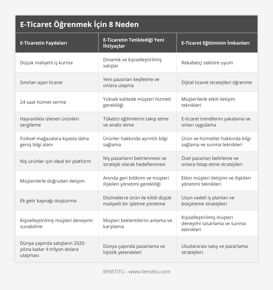 Düşük maliyetli iş kurma, Dinamik ve kişiselleştirilmiş satışlar, Rekabetçi sektöre uyum, Sınırları aşan ticaret, Yeni pazarları keşfetme ve onlara ulaşma, Dijital ticaret stratejileri öğrenme, 24 saat hizmet verme, Yüksek kalitede müşteri hizmeti gerekliliği, Müşterilerle etkili iletişim teknikleri, Hayranlıkla izlenen ürünleri sergileme, Tüketici eğilimlerini takip etme ve analiz etme, E-ticaret trendlerini yakalama ve onları uygulama, Fiziksel mağazalara kıyasla daha geniş bilgi alanı, Ürünler hakkında ayrıntılı bilgi sağlama, Ürün ve hizmetler hakkında bilgi sağlama ve sunma teknikleri, Niş ürünler için ideal bir platform, Niş pazarların belirlenmesi ve stratejik olarak hedeflenmesi, Özel pazarları belirleme ve onlara hitap etme stratejileri, Müşterilerle doğrudan iletişim, Anında geri bildirim ve müşteri ilişkileri yönetimi gerekliliği, Etkin müşteri iletişimi ve ilişkileri yönetimi teknikleri, Ek gelir kaynağı oluşturma, Düzinelerce ürün ile kilidi düşük maliyetli bir işletme yönetme, Uzun vadeli iş planları ve bütçeleme stratejileri, Kişiselleştirilmiş müşteri deneyimi sunabilme, Müşteri beklentilerini anlama ve karşılama, Kişiselleştirilmiş müşteri deneyimi tasarlama ve sunma teknikleri, Dünya çapında satışların 2020 yılına kadar 4 trilyon dolara ulaşması, Dünya çapında pazarlama ve lojistik yetenekleri, Uluslararası satış ve pazarlama stratejileri