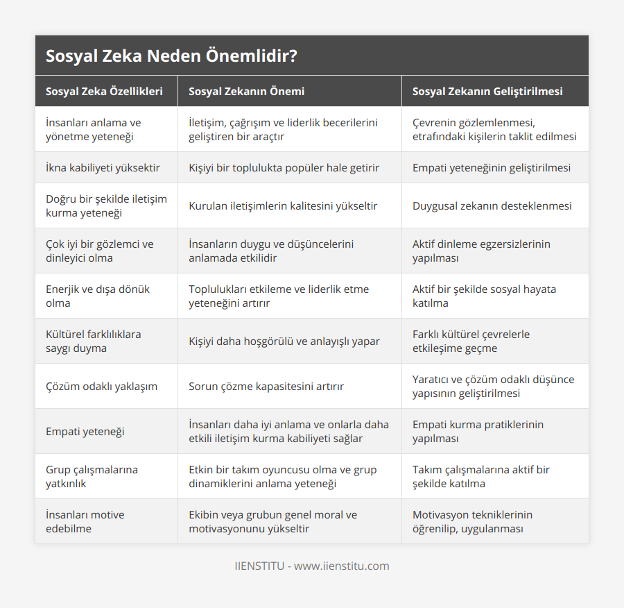 İnsanları anlama ve yönetme yeteneği, İletişim, çağrışım ve liderlik becerilerini geliştiren bir araçtır, Çevrenin gözlemlenmesi, etrafındaki kişilerin taklit edilmesi, İkna kabiliyeti yüksektir, Kişiyi bir toplulukta popüler hale getirir, Empati yeteneğinin geliştirilmesi, Doğru bir şekilde iletişim kurma yeteneği, Kurulan iletişimlerin kalitesini yükseltir, Duygusal zekanın desteklenmesi, Çok iyi bir gözlemci ve dinleyici olma, İnsanların duygu ve düşüncelerini anlamada etkilidir, Aktif dinleme egzersizlerinin yapılması, Enerjik ve dışa dönük olma, Toplulukları etkileme ve liderlik etme yeteneğini artırır, Aktif bir şekilde sosyal hayata katılma, Kültürel farklılıklara saygı duyma, Kişiyi daha hoşgörülü ve anlayışlı yapar, Farklı kültürel çevrelerle etkileşime geçme, Çözüm odaklı yaklaşım, Sorun çözme kapasitesini artırır, Yaratıcı ve çözüm odaklı düşünce yapısının geliştirilmesi, Empati yeteneği, İnsanları daha iyi anlama ve onlarla daha etkili iletişim kurma kabiliyeti sağlar, Empati kurma pratiklerinin yapılması, Grup çalışmalarına yatkınlık, Etkin bir takım oyuncusu olma ve grup dinamiklerini anlama yeteneği, Takım çalışmalarına aktif bir şekilde katılma, İnsanları motive edebilme, Ekibin veya grubun genel moral ve motivasyonunu yükseltir, Motivasyon tekniklerinin öğrenilip, uygulanması