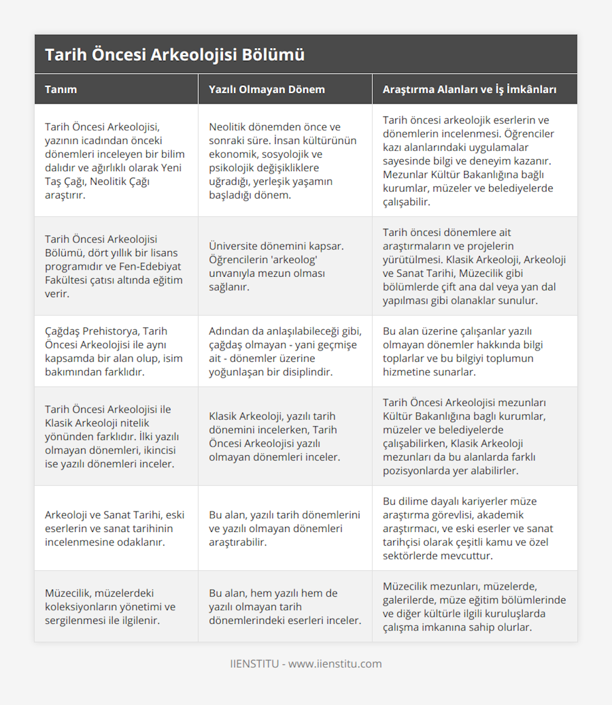 Tarih Öncesi Arkeolojisi, yazının icadından önceki dönemleri inceleyen bir bilim dalıdır ve ağırlıklı olarak Yeni Taş Çağı, Neolitik Çağı araştırır, Neolitik dönemden önce ve sonraki süre İnsan kültürünün ekonomik, sosyolojik ve psikolojik değişikliklere uğradığı, yerleşik yaşamın başladığı dönem, Tarih öncesi arkeolojik eserlerin ve dönemlerin incelenmesi Öğrenciler kazı alanlarındaki uygulamalar sayesinde bilgi ve deneyim kazanır Mezunlar Kültür Bakanlığına bağlı kurumlar, müzeler ve belediyelerde çalışabilir, Tarih Öncesi Arkeolojisi Bölümü, dört yıllık bir lisans programıdır ve Fen-Edebiyat Fakültesi çatısı altında eğitim verir, Üniversite dönemini kapsar Öğrencilerin 'arkeolog' unvanıyla mezun olması sağlanır, Tarih öncesi dönemlere ait araştırmaların ve projelerin yürütülmesi Klasik Arkeoloji, Arkeoloji ve Sanat Tarihi, Müzecilik gibi bölümlerde çift ana dal veya yan dal yapılması gibi olanaklar sunulur, Çağdaş Prehistorya, Tarih Öncesi Arkeolojisi ile aynı kapsamda bir alan olup, isim bakımından farklıdır, Adından da anlaşılabileceği gibi, çağdaş olmayan - yani geçmişe ait - dönemler üzerine yoğunlaşan bir disiplindir, Bu alan üzerine çalışanlar yazılı olmayan dönemler hakkında bilgi toplarlar ve bu bilgiyi toplumun hizmetine sunarlar, Tarih Öncesi Arkeolojisi ile Klasik Arkeoloji nitelik yönünden farklıdır İlki yazılı olmayan dönemleri, ikincisi ise yazılı dönemleri inceler, Klasik Arkeoloji, yazılı tarih dönemini incelerken, Tarih Öncesi Arkeolojisi yazılı olmayan dönemleri inceler, Tarih Öncesi Arkeolojisi mezunları Kültür Bakanlığına baglı kurumlar, müzeler ve belediyelerde çalışabilirken, Klasik Arkeoloji mezunları da bu alanlarda farklı pozisyonlarda yer alabilirler, Arkeoloji ve Sanat Tarihi, eski eserlerin ve sanat tarihinin incelenmesine odaklanır, Bu alan, yazılı tarih dönemlerini ve yazılı olmayan dönemleri araştırabilir, Bu dilime dayalı kariyerler müze araştırma görevlisi, akademik araştırmacı, ve eski eserler ve sanat tarihçisi olarak çeşitli kamu ve özel sektörlerde mevcuttur, Müzecilik, müzelerdeki koleksiyonların yönetimi ve sergilenmesi ile ilgilenir, Bu alan, hem yazılı hem de yazılı olmayan tarih dönemlerindeki eserleri inceler, Müzecilik mezunları, müzelerde, galerilerde, müze eğitim bölümlerinde ve diğer kültürle ilgili kuruluşlarda çalışma imkanına sahip olurlar