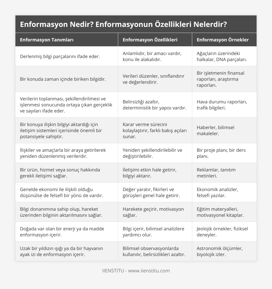 Derlenmiş bilgi parçalarını ifade eder, Anlamlıdır, bir amacı vardır, konu ile alakalıdır, Ağaçların üzerindeki halkalar, DNA parçaları, Bir konuda zaman içinde biriken bilgidir, Verileri düzenler, sınıflandırır ve değerlendirir, Bir işletmenin finansal raporları, araştırma raporları, Verilerin toplanması, şekillendirilmesi ve işlenmesi sonucunda ortaya çıkan gerçeklik ve sayıları ifade eder, Belirsizliği azaltır, deterministik bir yapısı vardır, Hava durumu raporları, trafik bilgileri, Bir konuya ilişkin bilgiyi aktardığı için iletişim sistemleri içerisinde önemli bir potansiyele sahiptir, Karar verme sürecini kolaylaştırır, farklı bakış açıları sunar, Haberler, bilimsel makaleler, İlişkiler ve amaçlarla bir araya getirilerek yeniden düzenlenmiş verilerdir, Yeniden şekillendirilebilir ve değiştirilebilir, Bir proje planı, bir ders planı, Bir ürün, hizmet veya sonuç hakkında gerekli iletişimi sağlar, İletişimi etkin hale getirir, bilgiyi aktarır, Reklamlar, tanıtım metinleri, Genelde ekonomi ile ilişkili olduğu düşünülse de felsefi bir yönü de vardır, Değer yaratır, fikirleri ve görüşleri genel hale getirir, Ekonomik analizler, felsefi yazılar, Bilgi donanımına sahip olup, hareket üzerinden bilginin aktarılmasını sağlar, Harekete geçirir, motivasyon sağlar, Eğitim materyalleri, motivasyonel kitaplar, Doğada var olan bir enerji ya da madde enformasyon içerir, Bilgi içerir, bilimsel analizlere yardımcı olur, Jeolojik örnekler, fiziksel deneyler, Uzak bir yıldızın ışığı ya da bir hayvanın ayak izi de enformasyon içerir, Bilimsel observasyonlarda kullanılır, belirsizlikleri azaltır, Astronomik ölçümler, biyolojik izler