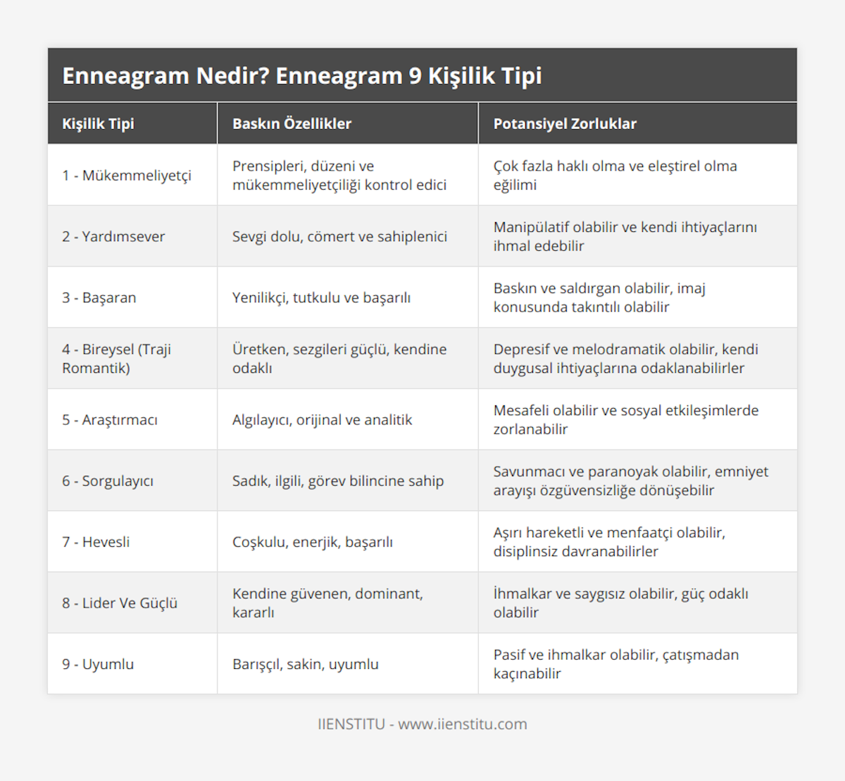 1 - Mükemmeliyetçi, Prensipleri, düzeni ve mükemmeliyetçiliği kontrol edici, Çok fazla haklı olma ve eleştirel olma eğilimi, 2 - Yardımsever, Sevgi dolu, cömert ve sahiplenici, Manipülatif olabilir ve kendi ihtiyaçlarını ihmal edebilir, 3 - Başaran, Yenilikçi, tutkulu ve başarılı, Baskın ve saldırgan olabilir, imaj konusunda takıntılı olabilir, 4 - Bireysel (Traji Romantik), Üretken, sezgileri güçlü, kendine odaklı, Depresif ve melodramatik olabilir, kendi duygusal ihtiyaçlarına odaklanabilirler, 5 - Araştırmacı, Algılayıcı, orijinal ve analitik, Mesafeli olabilir ve sosyal etkileşimlerde zorlanabilir, 6 - Sorgulayıcı, Sadık, ilgili, görev bilincine sahip, Savunmacı ve paranoyak olabilir, emniyet arayışı özgüvensizliğe dönüşebilir, 7 - Hevesli, Coşkulu, enerjik, başarılı, Aşırı hareketli ve menfaatçi olabilir, disiplinsiz davranabilirler, 8 - Lider Ve Güçlü, Kendine güvenen, dominant, kararlı, İhmalkar ve saygısız olabilir, güç odaklı olabilir, 9 - Uyumlu, Barışçıl, sakin, uyumlu, Pasif ve ihmalkar olabilir, çatışmadan kaçınabilir