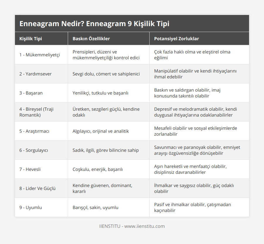 1 - Mükemmeliyetçi, Prensipleri, düzeni ve mükemmeliyetçiliği kontrol edici, Çok fazla haklı olma ve eleştirel olma eğilimi, 2 - Yardımsever, Sevgi dolu, cömert ve sahiplenici, Manipülatif olabilir ve kendi ihtiyaçlarını ihmal edebilir, 3 - Başaran, Yenilikçi, tutkulu ve başarılı, Baskın ve saldırgan olabilir, imaj konusunda takıntılı olabilir, 4 - Bireysel (Traji Romantik), Üretken, sezgileri güçlü, kendine odaklı, Depresif ve melodramatik olabilir, kendi duygusal ihtiyaçlarına odaklanabilirler, 5 - Araştırmacı, Algılayıcı, orijinal ve analitik, Mesafeli olabilir ve sosyal etkileşimlerde zorlanabilir, 6 - Sorgulayıcı, Sadık, ilgili, görev bilincine sahip, Savunmacı ve paranoyak olabilir, emniyet arayışı özgüvensizliğe dönüşebilir, 7 - Hevesli, Coşkulu, enerjik, başarılı, Aşırı hareketli ve menfaatçi olabilir, disiplinsiz davranabilirler, 8 - Lider Ve Güçlü, Kendine güvenen, dominant, kararlı, İhmalkar ve saygısız olabilir, güç odaklı olabilir, 9 - Uyumlu, Barışçıl, sakin, uyumlu, Pasif ve ihmalkar olabilir, çatışmadan kaçınabilir