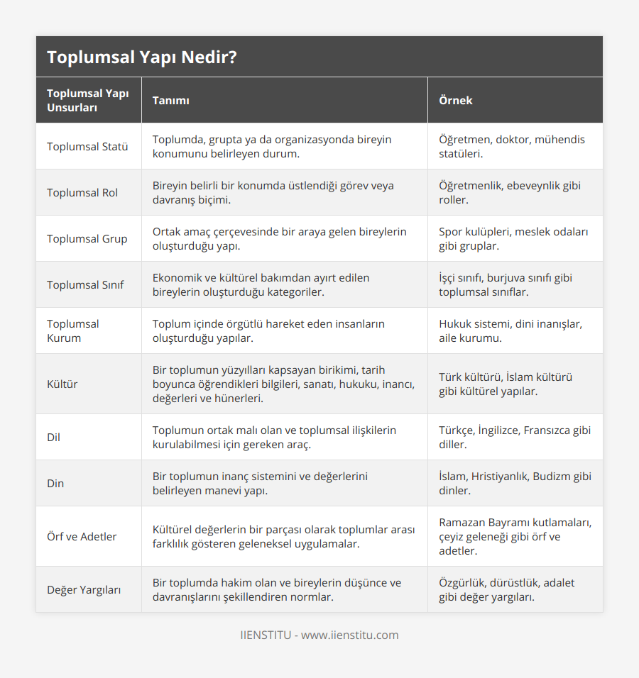 Toplumsal Statü, Toplumda, grupta ya da organizasyonda bireyin konumunu belirleyen durum, Öğretmen, doktor, mühendis statüleri, Toplumsal Rol, Bireyin belirli bir konumda üstlendiği görev veya davranış biçimi, Öğretmenlik, ebeveynlik gibi roller, Toplumsal Grup, Ortak amaç çerçevesinde bir araya gelen bireylerin oluşturduğu yapı, Spor kulüpleri, meslek odaları gibi gruplar, Toplumsal Sınıf, Ekonomik ve kültürel bakımdan ayırt edilen bireylerin oluşturduğu kategoriler, İşçi sınıfı, burjuva sınıfı gibi toplumsal sınıflar, Toplumsal Kurum, Toplum içinde örgütlü hareket eden insanların oluşturduğu yapılar, Hukuk sistemi, dini inanışlar, aile kurumu, Kültür, Bir toplumun yüzyılları kapsayan birikimi, tarih boyunca öğrendikleri bilgileri, sanatı, hukuku, inancı, değerleri ve hünerleri, Türk kültürü, İslam kültürü gibi kültürel yapılar, Dil, Toplumun ortak malı olan ve toplumsal ilişkilerin kurulabilmesi için gereken araç, Türkçe, İngilizce, Fransızca gibi diller, Din, Bir toplumun inanç sistemini ve değerlerini belirleyen manevi yapı, İslam, Hristiyanlık, Budizm gibi dinler, Örf ve Adetler, Kültürel değerlerin bir parçası olarak toplumlar arası farklılık gösteren geleneksel uygulamalar, Ramazan Bayramı kutlamaları, çeyiz geleneği gibi örf ve adetler, Değer Yargıları, Bir toplumda hakim olan ve bireylerin düşünce ve davranışlarını şekillendiren normlar, Özgürlük, dürüstlük, adalet gibi değer yargıları