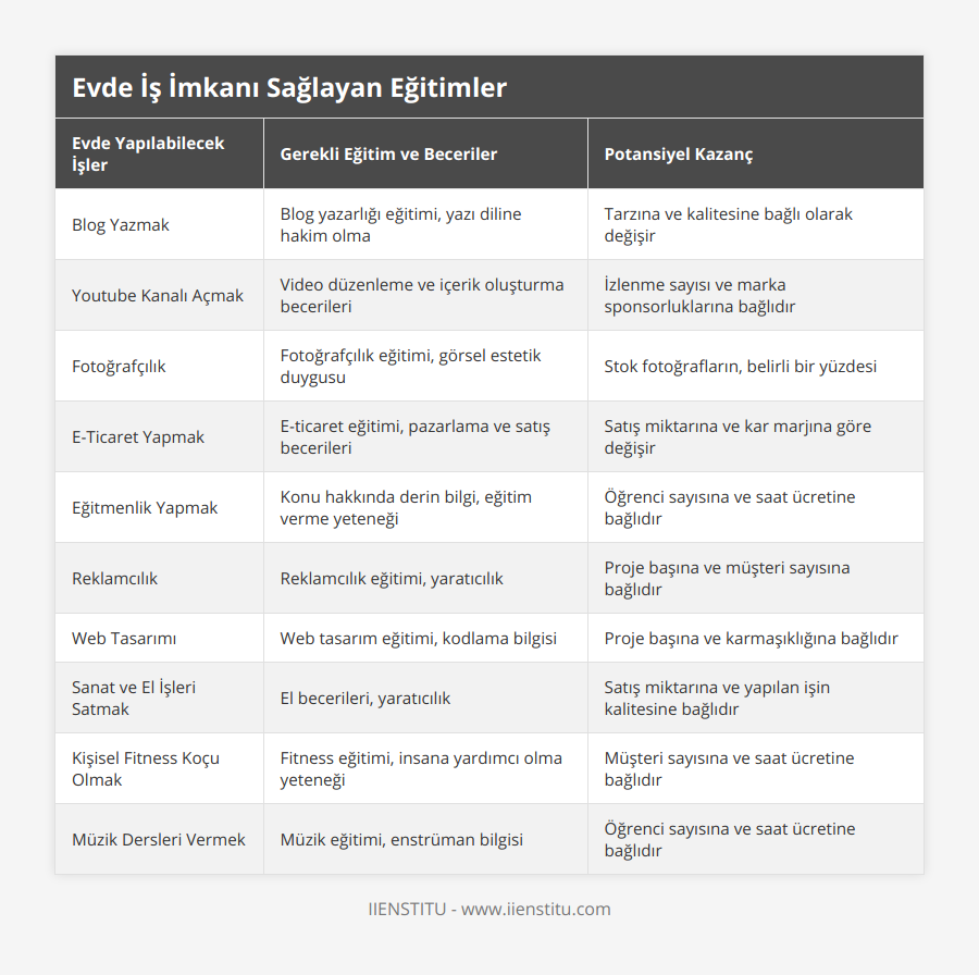 Blog Yazmak, Blog yazarlığı eğitimi, yazı diline hakim olma, Tarzına ve kalitesine bağlı olarak değişir, Youtube Kanalı Açmak, Video düzenleme ve içerik oluşturma becerileri, İzlenme sayısı ve marka sponsorluklarına bağlıdır, Fotoğrafçılık, Fotoğrafçılık eğitimi, görsel estetik duygusu, Stok fotoğrafların, belirli bir yüzdesi, E-Ticaret Yapmak, E-ticaret eğitimi, pazarlama ve satış becerileri, Satış miktarına ve kar marjına göre değişir, Eğitmenlik Yapmak, Konu hakkında derin bilgi, eğitim verme yeteneği, Öğrenci sayısına ve saat ücretine bağlıdır, Reklamcılık, Reklamcılık eğitimi, yaratıcılık, Proje başına ve müşteri sayısına bağlıdır, Web Tasarımı, Web tasarım eğitimi, kodlama bilgisi, Proje başına ve karmaşıklığına bağlıdır, Sanat ve El İşleri Satmak, El becerileri, yaratıcılık, Satış miktarına ve yapılan işin kalitesine bağlıdır, Kişisel Fitness Koçu Olmak, Fitness eğitimi, insana yardımcı olma yeteneği, Müşteri sayısına ve saat ücretine bağlıdır, Müzik Dersleri Vermek, Müzik eğitimi, enstrüman bilgisi, Öğrenci sayısına ve saat ücretine bağlıdır