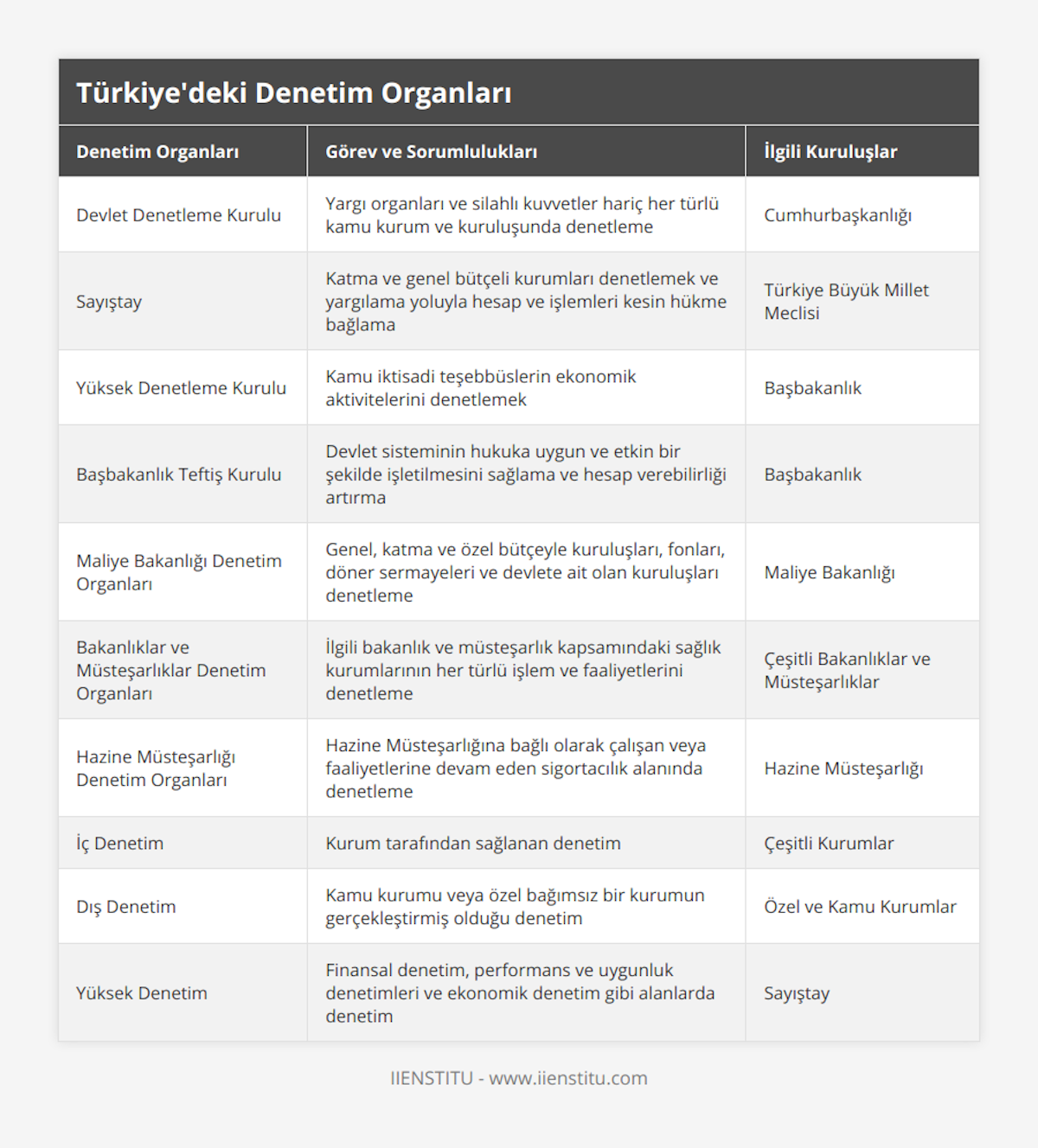 Devlet Denetleme Kurulu, Yargı organları ve silahlı kuvvetler hariç her türlü kamu kurum ve kuruluşunda denetleme, Cumhurbaşkanlığı, Sayıştay, Katma ve genel bütçeli kurumları denetlemek ve yargılama yoluyla hesap ve işlemleri kesin hükme bağlama, Türkiye Büyük Millet Meclisi, Yüksek Denetleme Kurulu, Kamu iktisadi teşebbüslerin ekonomik aktivitelerini denetlemek, Başbakanlık, Başbakanlık Teftiş Kurulu, Devlet sisteminin hukuka uygun ve etkin bir şekilde işletilmesini sağlama ve hesap verebilirliği artırma, Başbakanlık, Maliye Bakanlığı Denetim Organları, Genel, katma ve özel bütçeyle kuruluşları, fonları, döner sermayeleri ve devlete ait olan kuruluşları denetleme, Maliye Bakanlığı, Bakanlıklar ve Müsteşarlıklar Denetim Organları, İlgili bakanlık ve müsteşarlık kapsamındaki sağlık kurumlarının her türlü işlem ve faaliyetlerini denetleme, Çeşitli Bakanlıklar ve Müsteşarlıklar, Hazine Müsteşarlığı Denetim Organları, Hazine Müsteşarlığına bağlı olarak çalışan veya faaliyetlerine devam eden sigortacılık alanında denetleme, Hazine Müsteşarlığı, İç Denetim, Kurum tarafından sağlanan denetim, Çeşitli Kurumlar, Dış Denetim, Kamu kurumu veya özel bağımsız bir kurumun gerçekleştirmiş olduğu denetim, Özel ve Kamu Kurumlar, Yüksek Denetim, Finansal denetim, performans ve uygunluk denetimleri ve ekonomik denetim gibi alanlarda denetim, Sayıştay