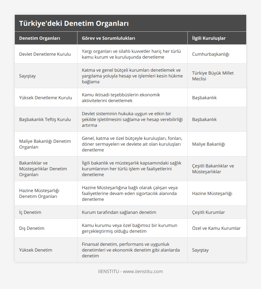 Devlet Denetleme Kurulu, Yargı organları ve silahlı kuvvetler hariç her türlü kamu kurum ve kuruluşunda denetleme, Cumhurbaşkanlığı, Sayıştay, Katma ve genel bütçeli kurumları denetlemek ve yargılama yoluyla hesap ve işlemleri kesin hükme bağlama, Türkiye Büyük Millet Meclisi, Yüksek Denetleme Kurulu, Kamu iktisadi teşebbüslerin ekonomik aktivitelerini denetlemek, Başbakanlık, Başbakanlık Teftiş Kurulu, Devlet sisteminin hukuka uygun ve etkin bir şekilde işletilmesini sağlama ve hesap verebilirliği artırma, Başbakanlık, Maliye Bakanlığı Denetim Organları, Genel, katma ve özel bütçeyle kuruluşları, fonları, döner sermayeleri ve devlete ait olan kuruluşları denetleme, Maliye Bakanlığı, Bakanlıklar ve Müsteşarlıklar Denetim Organları, İlgili bakanlık ve müsteşarlık kapsamındaki sağlık kurumlarının her türlü işlem ve faaliyetlerini denetleme, Çeşitli Bakanlıklar ve Müsteşarlıklar, Hazine Müsteşarlığı Denetim Organları, Hazine Müsteşarlığına bağlı olarak çalışan veya faaliyetlerine devam eden sigortacılık alanında denetleme, Hazine Müsteşarlığı, İç Denetim, Kurum tarafından sağlanan denetim, Çeşitli Kurumlar, Dış Denetim, Kamu kurumu veya özel bağımsız bir kurumun gerçekleştirmiş olduğu denetim, Özel ve Kamu Kurumlar, Yüksek Denetim, Finansal denetim, performans ve uygunluk denetimleri ve ekonomik denetim gibi alanlarda denetim, Sayıştay