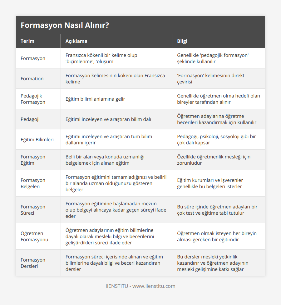 Formasyon, Fransızca kökenli bir kelime olup 'biçimlenme', 'oluşum', Genellikle 'pedagojik formasyon' şeklinde kullanılır, Formation, Formasyon kelimesinin kökeni olan Fransızca kelime, 'Formasyon' kelimesinin direkt çevirisi, Pedagojik Formasyon, Eğitim bilimi anlamına gelir, Genellikle öğretmen olma hedefi olan bireyler tarafından alınır, Pedagoji, Eğitimi inceleyen ve araştıran bilim dalı, Öğretmen adaylarına öğretme becerileri kazandırmak için kullanılır, Eğitim Bilimleri, Eğitimi inceleyen ve araştıran tüm bilim dallarını içerir, Pedagogi, psikoloji, sosyoloji gibi bir çok dalı kapsar, Formasyon Eğitimi, Belli bir alan veya konuda uzmanlığı belgelemek için alınan eğitim, Özellikle öğretmenlik mesleği için zorunludur, Formasyon Belgeleri, Formasyon eğitimini tamamladığınızı ve belirli bir alanda uzman olduğunuzu gösteren belgeler, Eğitim kurumları ve işverenler genellikle bu belgeleri isterler, Formasyon Süreci, Formasyon eğitimine başlamadan mezun olup belgeyi alıncaya kadar geçen süreyi ifade eder, Bu süre içinde öğretmen adayları bir çok test ve eğitime tabi tutulur, Öğretmen Formasyonu, Öğretmen adaylarının eğitim bilimlerine dayalı olarak mesleki bilgi ve becerilerini geliştirdikleri süreci ifade eder, Öğretmen olmak isteyen her bireyin alması gereken bir eğitimdir, Formasyon Dersleri, Formasyon süreci içerisinde alınan ve eğitim bilimlerine dayalı bilgi ve beceri kazandıran dersler, Bu dersler mesleki yetkinlik kazandırır ve öğretmen adayının mesleki gelişimine katkı sağlar