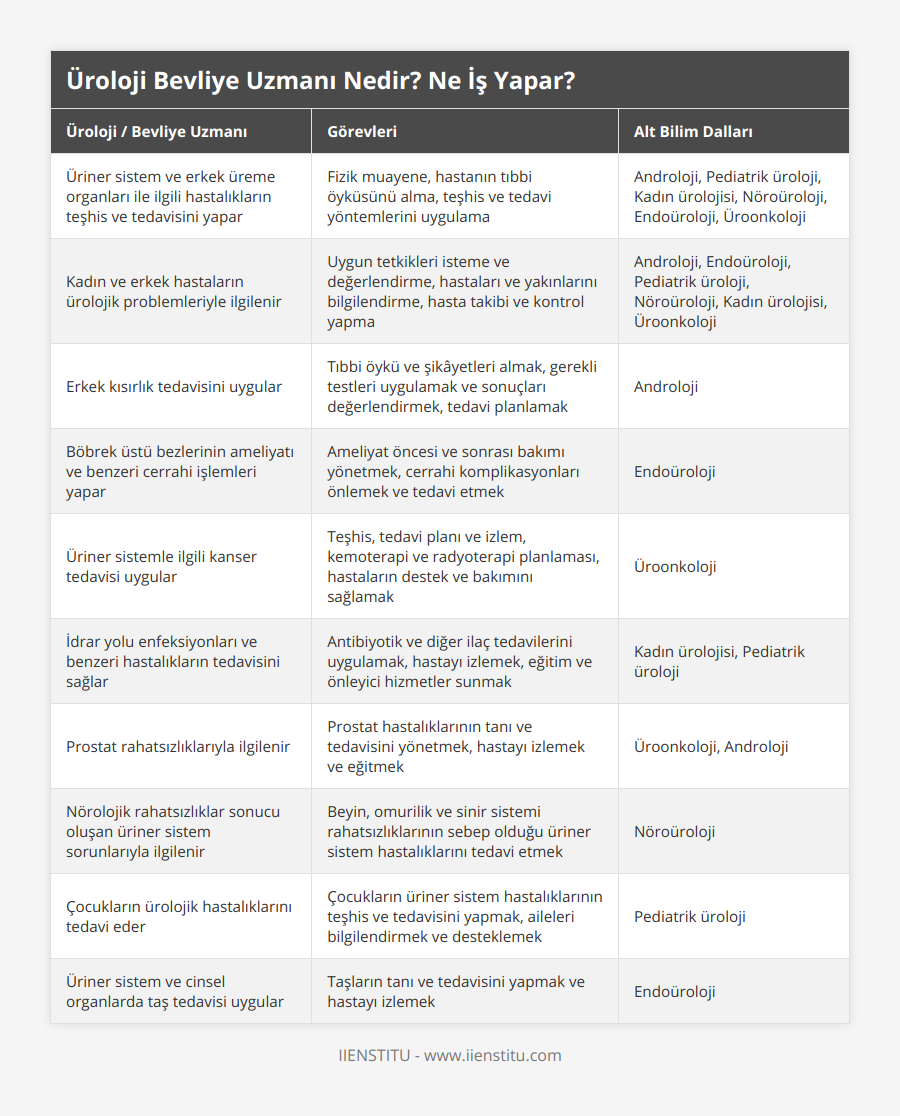 Üriner sistem ve erkek üreme organları ile ilgili hastalıkların teşhis ve tedavisini yapar, Fizik muayene, hastanın tıbbi öyküsünü alma, teşhis ve tedavi yöntemlerini uygulama, Androloji, Pediatrik üroloji, Kadın ürolojisi, Nöroüroloji, Endoüroloji, Üroonkoloji, Kadın ve erkek hastaların ürolojik problemleriyle ilgilenir, Uygun tetkikleri isteme ve değerlendirme, hastaları ve yakınlarını bilgilendirme, hasta takibi ve kontrol yapma, Androloji, Endoüroloji, Pediatrik üroloji, Nöroüroloji, Kadın ürolojisi, Üroonkoloji, Erkek kısırlık tedavisini uygular, Tıbbi öykü ve şikâyetleri almak, gerekli testleri uygulamak ve sonuçları değerlendirmek, tedavi planlamak, Androloji, Böbrek üstü bezlerinin ameliyatı ve benzeri cerrahi işlemleri yapar, Ameliyat öncesi ve sonrası bakımı yönetmek, cerrahi komplikasyonları önlemek ve tedavi etmek, Endoüroloji, Üriner sistemle ilgili kanser tedavisi uygular, Teşhis, tedavi planı ve izlem, kemoterapi ve radyoterapi planlaması, hastaların destek ve bakımını sağlamak, Üroonkoloji, İdrar yolu enfeksiyonları ve benzeri hastalıkların tedavisini sağlar, Antibiyotik ve diğer ilaç tedavilerini uygulamak, hastayı izlemek, eğitim ve önleyici hizmetler sunmak, Kadın ürolojisi, Pediatrik üroloji, Prostat rahatsızlıklarıyla ilgilenir, Prostat hastalıklarının tanı ve tedavisini yönetmek, hastayı izlemek ve eğitmek, Üroonkoloji, Androloji, Nörolojik rahatsızlıklar sonucu oluşan üriner sistem sorunlarıyla ilgilenir, Beyin, omurilik ve sinir sistemi rahatsızlıklarının sebep olduğu üriner sistem hastalıklarını tedavi etmek, Nöroüroloji, Çocukların ürolojik hastalıklarını tedavi eder, Çocukların üriner sistem hastalıklarının teşhis ve tedavisini yapmak, aileleri bilgilendirmek ve desteklemek, Pediatrik üroloji, Üriner sistem ve cinsel organlarda taş tedavisi uygular, Taşların tanı ve tedavisini yapmak ve hastayı izlemek, Endoüroloji