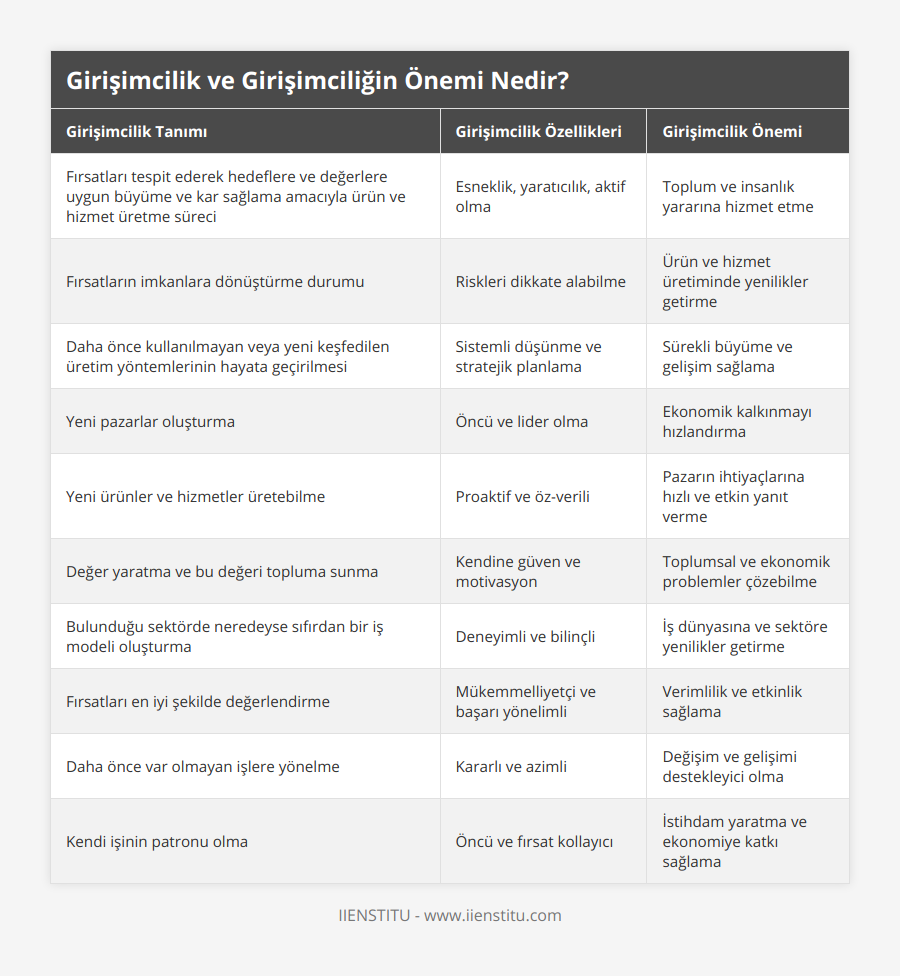 Fırsatları tespit ederek hedeflere ve değerlere uygun büyüme ve kar sağlama amacıyla ürün ve hizmet üretme süreci, Esneklik, yaratıcılık, aktif olma, Toplum ve insanlık yararına hizmet etme, Fırsatların imkanlara dönüştürme durumu, Riskleri dikkate alabilme, Ürün ve hizmet üretiminde yenilikler getirme, Daha önce kullanılmayan veya yeni keşfedilen üretim yöntemlerinin hayata geçirilmesi, Sistemli düşünme ve stratejik planlama, Sürekli büyüme ve gelişim sağlama, Yeni pazarlar oluşturma, Öncü ve lider olma, Ekonomik kalkınmayı hızlandırma, Yeni ürünler ve hizmetler üretebilme, Proaktif ve öz-verili, Pazarın ihtiyaçlarına hızlı ve etkin yanıt verme, Değer yaratma ve bu değeri topluma sunma, Kendine güven ve motivasyon, Toplumsal ve ekonomik problemler çözebilme, Bulunduğu sektörde neredeyse sıfırdan bir iş modeli oluşturma, Deneyimli ve bilinçli, İş dünyasına ve sektöre yenilikler getirme, Fırsatları en iyi şekilde değerlendirme, Mükemmelliyetçi ve başarı yönelimli, Verimlilik ve etkinlik sağlama, Daha önce var olmayan işlere yönelme, Kararlı ve azimli, Değişim ve gelişimi destekleyici olma, Kendi işinin patronu olma, Öncü ve fırsat kollayıcı, İstihdam yaratma ve ekonomiye katkı sağlama