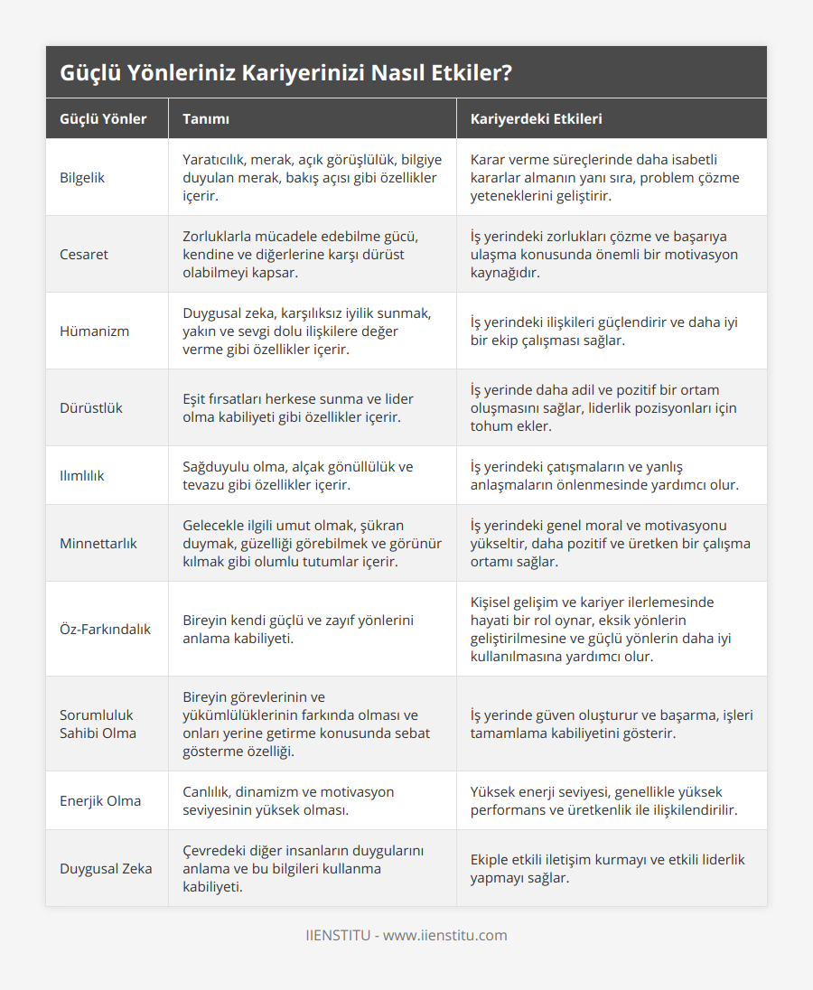 Bilgelik, Yaratıcılık, merak, açık görüşlülük, bilgiye duyulan merak, bakış açısı gibi özellikler içerir, Karar verme süreçlerinde daha isabetli kararlar almanın yanı sıra, problem çözme yeteneklerini geliştirir, Cesaret, Zorluklarla mücadele edebilme gücü, kendine ve diğerlerine karşı dürüst olabilmeyi kapsar, İş yerindeki zorlukları çözme ve başarıya ulaşma konusunda önemli bir motivasyon kaynağıdır, Hümanizm, Duygusal zeka, karşılıksız iyilik sunmak, yakın ve sevgi dolu ilişkilere değer verme gibi özellikler içerir, İş yerindeki ilişkileri güçlendirir ve daha iyi bir ekip çalışması sağlar, Dürüstlük, Eşit fırsatları herkese sunma ve lider olma kabiliyeti gibi özellikler içerir, İş yerinde daha adil ve pozitif bir ortam oluşmasını sağlar, liderlik pozisyonları için tohum ekler, Ilımlılık, Sağduyulu olma, alçak gönüllülük ve tevazu gibi özellikler içerir, İş yerindeki çatışmaların ve yanlış anlaşmaların önlenmesinde yardımcı olur, Minnettarlık, Gelecekle ilgili umut olmak, şükran duymak, güzelliği görebilmek ve görünür kılmak gibi olumlu tutumlar içerir, İş yerindeki genel moral ve motivasyonu yükseltir, daha pozitif ve üretken bir çalışma ortamı sağlar, Öz-Farkındalık, Bireyin kendi güçlü ve zayıf yönlerini anlama kabiliyeti, Kişisel gelişim ve kariyer ilerlemesinde hayati bir rol oynar, eksik yönlerin geliştirilmesine ve güçlü yönlerin daha iyi kullanılmasına yardımcı olur, Sorumluluk Sahibi Olma, Bireyin görevlerinin ve yükümlülüklerinin farkında olması ve onları yerine getirme konusunda sebat gösterme özelliği, İş yerinde güven oluşturur ve başarma, işleri tamamlama kabiliyetini gösterir, Enerjik Olma, Canlılık, dinamizm ve motivasyon seviyesinin yüksek olması, Yüksek enerji seviyesi, genellikle yüksek performans ve üretkenlik ile ilişkilendirilir, Duygusal Zeka, Çevredeki diğer insanların duygularını anlama ve bu bilgileri kullanma kabiliyeti, Ekiple etkili iletişim kurmayı ve etkili liderlik yapmayı sağlar