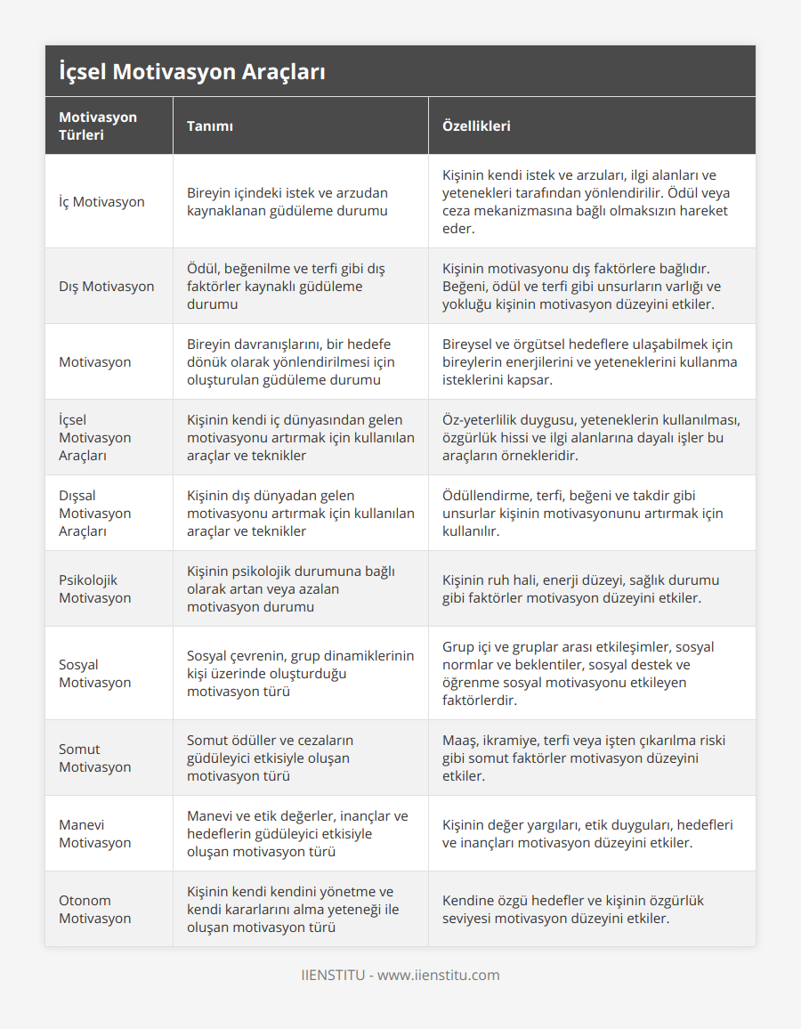 İç Motivasyon, Bireyin içindeki istek ve arzudan kaynaklanan güdüleme durumu, Kişinin kendi istek ve arzuları, ilgi alanları ve yetenekleri tarafından yönlendirilir Ödül veya ceza mekanizmasına bağlı olmaksızın hareket eder, Dış Motivasyon, Ödül, beğenilme ve terfi gibi dış faktörler kaynaklı güdüleme durumu, Kişinin motivasyonu dış faktörlere bağlıdır Beğeni, ödül ve terfi gibi unsurların varlığı ve yokluğu kişinin motivasyon düzeyini etkiler, Motivasyon, Bireyin davranışlarını, bir hedefe dönük olarak yönlendirilmesi için oluşturulan güdüleme durumu, Bireysel ve örgütsel hedeflere ulaşabilmek için bireylerin enerjilerini ve yeteneklerini kullanma isteklerini kapsar, İçsel Motivasyon Araçları, Kişinin kendi iç dünyasından gelen motivasyonu artırmak için kullanılan araçlar ve teknikler, Öz-yeterlilik duygusu, yeteneklerin kullanılması, özgürlük hissi ve ilgi alanlarına dayalı işler bu araçların örnekleridir, Dışsal Motivasyon Araçları, Kişinin dış dünyadan gelen motivasyonu artırmak için kullanılan araçlar ve teknikler, Ödüllendirme, terfi, beğeni ve takdir gibi unsurlar kişinin motivasyonunu artırmak için kullanılır, Psikolojik Motivasyon, Kişinin psikolojik durumuna bağlı olarak artan veya azalan motivasyon durumu, Kişinin ruh hali, enerji düzeyi, sağlık durumu gibi faktörler motivasyon düzeyini etkiler, Sosyal Motivasyon, Sosyal çevrenin, grup dinamiklerinin kişi üzerinde oluşturduğu motivasyon türü, Grup içi ve gruplar arası etkileşimler, sosyal normlar ve beklentiler, sosyal destek ve öğrenme sosyal motivasyonu etkileyen faktörlerdir, Somut Motivasyon, Somut ödüller ve cezaların güdüleyici etkisiyle oluşan motivasyon türü, Maaş, ikramiye, terfi veya işten çıkarılma riski gibi somut faktörler motivasyon düzeyini etkiler, Manevi Motivasyon, Manevi ve etik değerler, inançlar ve hedeflerin güdüleyici etkisiyle oluşan motivasyon türü, Kişinin değer yargıları, etik duyguları, hedefleri ve inançları motivasyon düzeyini etkiler, Otonom Motivasyon, Kişinin kendi kendini yönetme ve kendi kararlarını alma yeteneği ile oluşan motivasyon türü, Kendine özgü hedefler ve kişinin özgürlük seviyesi motivasyon düzeyini etkiler