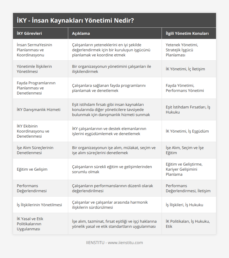 İnsan SermaYesinin Planlanması ve Koordinasyonu, Çalışanların yeteneklerini en iyi şekilde değerlendirmek için bir kuruluşun işgücünü planlamak ve koordine etmek, Yetenek Yönetimi, Stratejik İşgücü Planlaması, Yönetimle İlişkilerin Yönetilmesi, Bir organizasyonun yönetimini çalışanları ile ilişkilendirmek, İK Yönetimi, İç İletişim, Fayda Programlarının Planlanması ve Denetlenmesi, Çalışanlara sağlanan fayda programlarını planlamak ve denetlemek, Fayda Yönetimi, Performans Yönetimi, İKY Danışmanlık Hizmeti, Eşit istihdam fırsatı gibi insan kaynakları konularında diğer yöneticilere tavsiyede bulunmak için danışmanlık hizmeti sunmak, Eşit İstihdam Fırsatları, İş Hukuku, İKY Ekibinin Koordinasyonu ve Denetlenmesi, İKY çalışanlarının ve destek elemanlarının işlerini eşgüdümlemek ve denetlemek, İK Yönetimi, İş Eşgüdüm, İşe Alım Süreçlerinin Denetlenmesi, Bir organizasyonun işe alım, mülakat, seçim ve işe alım süreçlerini denetlemek, İşe Alım, Seçim ve İşe Eğitim, Eğitim ve Gelişim, Çalışanların sürekli eğitim ve gelişimlerinden sorumlu olmak, Eğitim ve Geliştirme, Kariyer Gelişimini Planlama, Performans Değerlendirmesi, Çalışanların performanslarının düzenli olarak değerlendirilmesi, Performans Değerlendirmesi, İletişim, İş İlişkilerinin Yönetilmesi, Çalışanlar ve çalışanlar arasında harmonik ilişkilerin sürdürülmesi, İş İlişkileri, İş Hukuku, İK Yasal ve Etik Politikalarının Uygulanması, İşe alım, tazminat, fırsat eşitliği ve işçi haklarına yönelik yasal ve etik standartların uygulanması, İK Politikaları, İş Hukuku, Etik