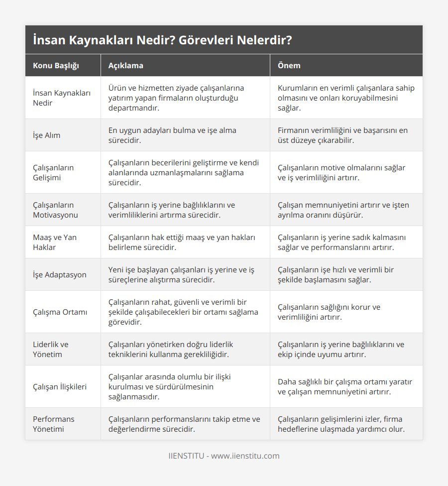 İnsan Kaynakları Nedir, Ürün ve hizmetten ziyade çalışanlarına yatırım yapan firmaların oluşturduğu departmandır, Kurumların en verimli çalışanlara sahip olmasını ve onları koruyabilmesini sağlar, İşe Alım, En uygun adayları bulma ve işe alma sürecidir, Firmanın verimliliğini ve başarısını en üst düzeye çıkarabilir, Çalışanların Gelişimi, Çalışanların becerilerini geliştirme ve kendi alanlarında uzmanlaşmalarını sağlama sürecidir, Çalışanların motive olmalarını sağlar ve iş verimliliğini artırır, Çalışanların Motivasyonu, Çalışanların iş yerine bağlılıklarını ve verimliliklerini artırma sürecidir, Çalışan memnuniyetini artırır ve işten ayrılma oranını düşürür, Maaş ve Yan Haklar, Çalışanların hak ettiği maaş ve yan hakları belirleme sürecidir, Çalışanların iş yerine sadık kalmasını sağlar ve performanslarını artırır, İşe Adaptasyon, Yeni işe başlayan çalışanları iş yerine ve iş süreçlerine alıştırma sürecidir, Çalışanların işe hızlı ve verimli bir şekilde başlamasını sağlar, Çalışma Ortamı, Çalışanların rahat, güvenli ve verimli bir şekilde çalışabilecekleri bir ortamı sağlama görevidir, Çalışanların sağlığını korur ve verimliliğini artırır, Liderlik ve Yönetim, Çalışanları yönetirken doğru liderlik tekniklerini kullanma gerekliliğidir, Çalışanların iş yerine bağlılıklarını ve ekip içinde uyumu artırır, Çalışan İlişkileri, Çalışanlar arasında olumlu bir ilişki kurulması ve sürdürülmesinin sağlanmasıdır, Daha sağlıklı bir çalışma ortamı yaratır ve çalışan memnuniyetini artırır, Performans Yönetimi, Çalışanların performanslarını takip etme ve değerlendirme sürecidir, Çalışanların gelişimlerini izler, firma hedeflerine ulaşmada yardımcı olur