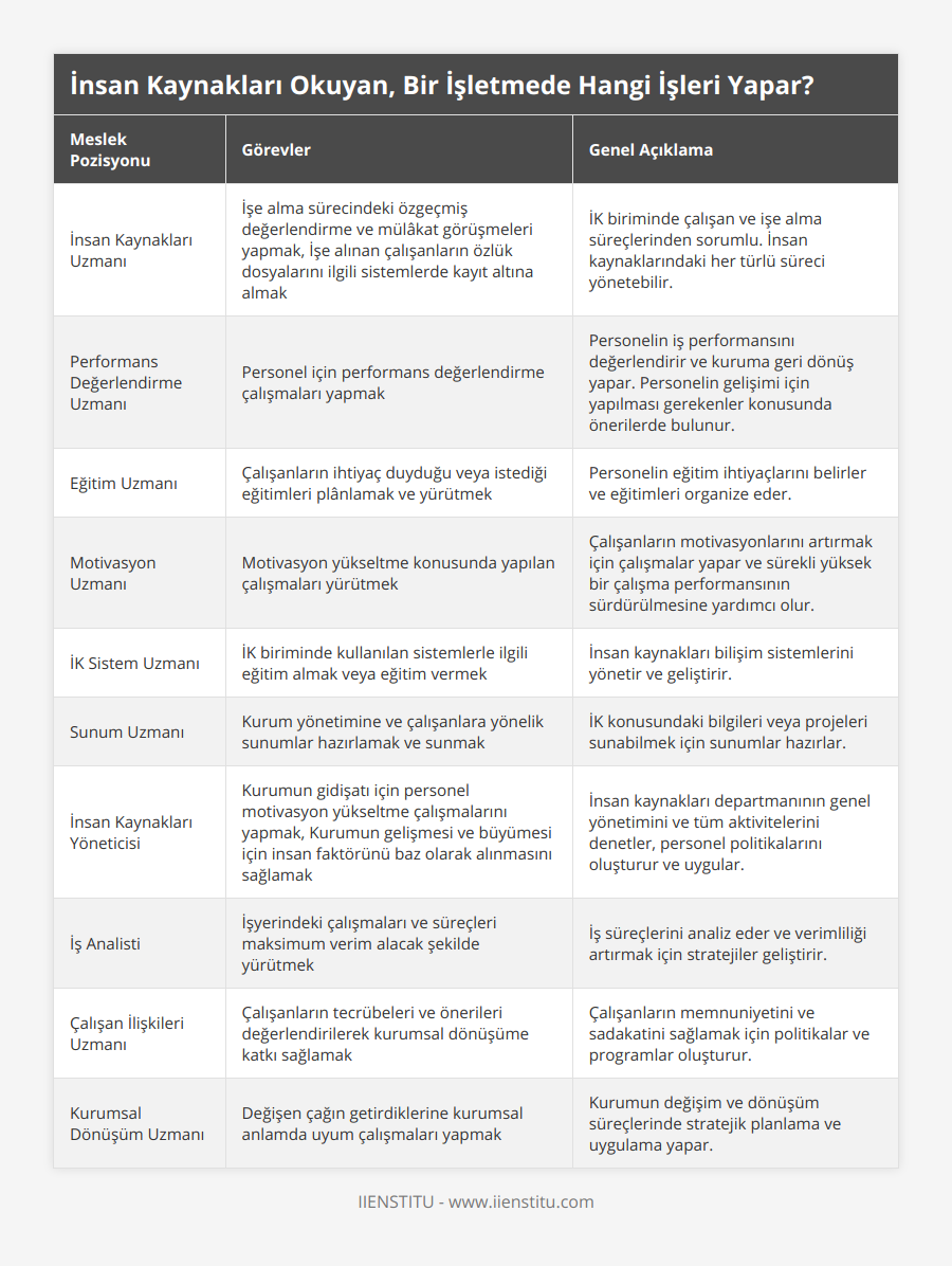 İnsan Kaynakları Uzmanı, İşe alma sürecindeki özgeçmiş değerlendirme ve mülâkat görüşmeleri yapmak, İşe alınan çalışanların özlük dosyalarını ilgili sistemlerde kayıt altına almak, İK biriminde çalışan ve işe alma süreçlerinden sorumlu İnsan kaynaklarındaki her türlü süreci yönetebilir, Performans Değerlendirme Uzmanı, Personel için performans değerlendirme çalışmaları yapmak, Personelin iş performansını değerlendirir ve kuruma geri dönüş yapar Personelin gelişimi için yapılması gerekenler konusunda önerilerde bulunur, Eğitim Uzmanı, Çalışanların ihtiyaç duyduğu veya istediği eğitimleri plânlamak ve yürütmek, Personelin eğitim ihtiyaçlarını belirler ve eğitimleri organize eder, Motivasyon Uzmanı, Motivasyon yükseltme konusunda yapılan çalışmaları yürütmek, Çalışanların motivasyonlarını artırmak için çalışmalar yapar ve sürekli yüksek bir çalışma performansının sürdürülmesine yardımcı olur, İK Sistem Uzmanı, İK biriminde kullanılan sistemlerle ilgili eğitim almak veya eğitim vermek, İnsan kaynakları bilişim sistemlerini yönetir ve geliştirir, Sunum Uzmanı, Kurum yönetimine ve çalışanlara yönelik sunumlar hazırlamak ve sunmak, İK konusundaki bilgileri veya projeleri sunabilmek için sunumlar hazırlar, İnsan Kaynakları Yöneticisi, Kurumun gidişatı için personel motivasyon yükseltme çalışmalarını yapmak, Kurumun gelişmesi ve büyümesi için insan faktörünü baz olarak alınmasını sağlamak, İnsan kaynakları departmanının genel yönetimini ve tüm aktivitelerini denetler, personel politikalarını oluşturur ve uygular, İş Analisti, İşyerindeki çalışmaları ve süreçleri maksimum verim alacak şekilde yürütmek, İş süreçlerini analiz eder ve verimliliği artırmak için stratejiler geliştirir, Çalışan İlişkileri Uzmanı, Çalışanların tecrübeleri ve önerileri değerlendirilerek kurumsal dönüşüme katkı sağlamak, Çalışanların memnuniyetini ve sadakatini sağlamak için politikalar ve programlar oluşturur, Kurumsal Dönüşüm Uzmanı, Değişen çağın getirdiklerine kurumsal anlamda uyum çalışmaları yapmak, Kurumun değişim ve dönüşüm süreçlerinde stratejik planlama ve uygulama yapar
