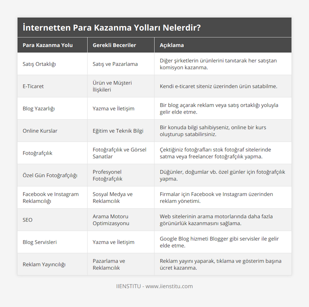 Satış Ortaklığı, Satış ve Pazarlama, Diğer şirketlerin ürünlerini tanıtarak her satıştan komisyon kazanma, E-Ticaret, Ürün ve Müşteri İlişkileri, Kendi e-ticaret siteniz üzerinden ürün satabilme, Blog Yazarlığı, Yazma ve İletişim, Bir blog açarak reklam veya satış ortaklığı yoluyla gelir elde etme, Online Kurslar, Eğitim ve Teknik Bilgi, Bir konuda bilgi sahibiyseniz, online bir kurs oluşturup satabilirsiniz, Fotoğrafçılık, Fotoğrafçılık ve Görsel Sanatlar, Çektiğiniz fotoğrafları stok fotoğraf sitelerinde satma veya freelancer fotoğrafçılık yapma, Özel Gün Fotoğrafçılığı, Profesyonel Fotoğrafçılık, Düğünler, doğumlar vb özel günler için fotoğrafçılık yapma, Facebook ve Instagram Reklamcılığı, Sosyal Medya ve Reklamcılık, Firmalar için Facebook ve Instagram üzerinden reklam yönetimi, SEO, Arama Motoru Optimizasyonu, Web sitelerinin arama motorlarında daha fazla görünürlük kazanmasını sağlama, Blog Servisleri, Yazma ve İletişim, Google Blog hizmeti Blogger gibi servisler ile gelir elde etme, Reklam Yayıncılığı, Pazarlama ve Reklamcılık, Reklam yayını yaparak, tıklama ve gösterim başına ücret kazanma