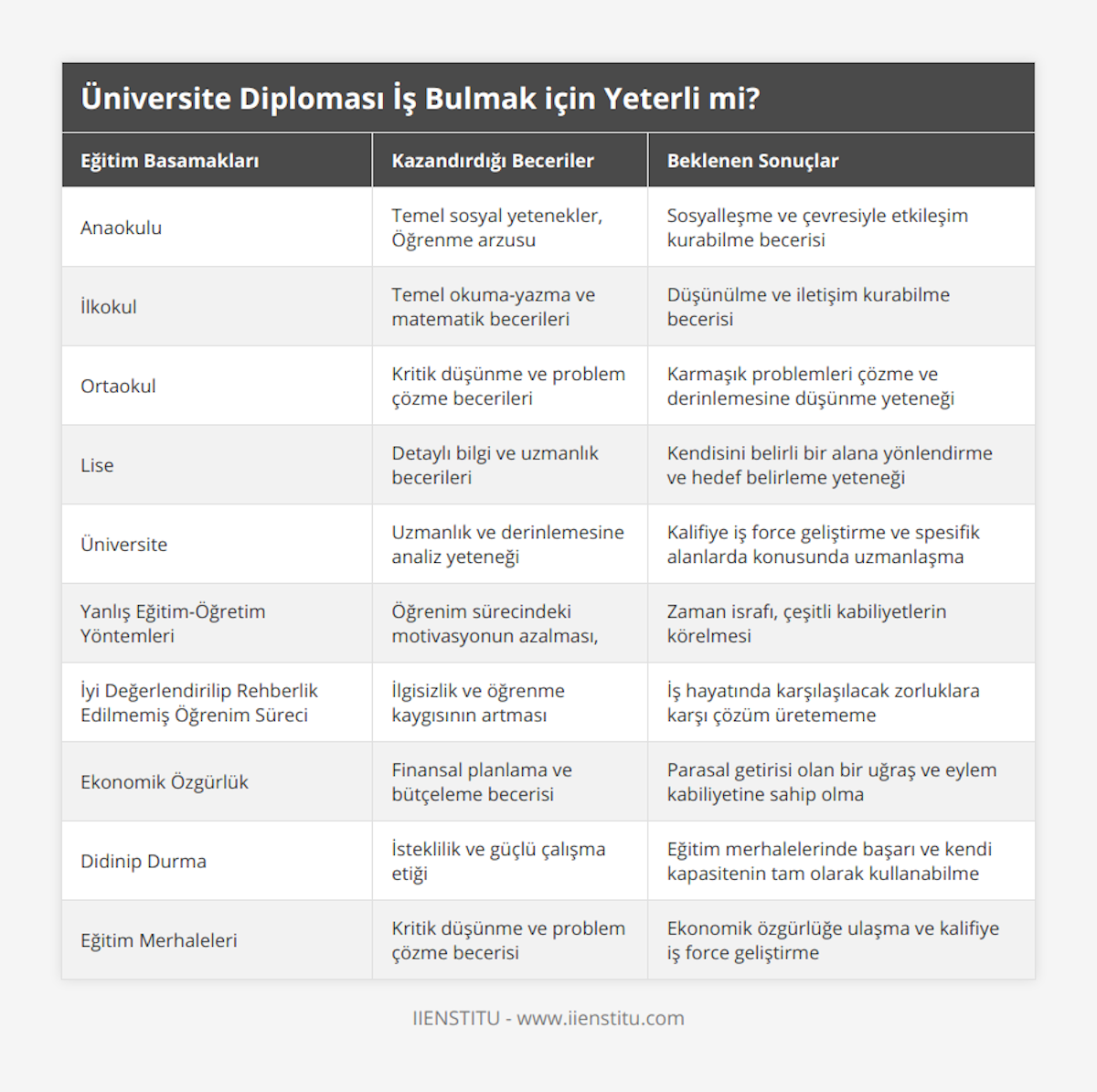 Anaokulu, Temel sosyal yetenekler, Öğrenme arzusu, Sosyalleşme ve çevresiyle etkileşim kurabilme becerisi, İlkokul, Temel okuma-yazma ve matematik becerileri, Düşünülme ve iletişim kurabilme becerisi, Ortaokul, Kritik düşünme ve problem çözme becerileri, Karmaşık problemleri çözme ve derinlemesine düşünme yeteneği, Lise, Detaylı bilgi ve uzmanlık becerileri, Kendisini belirli bir alana yönlendirme ve hedef belirleme yeteneği, Üniversite, Uzmanlık ve derinlemesine analiz yeteneği, Kalifiye iş force geliştirme ve spesifik alanlarda konusunda uzmanlaşma, Yanlış Eğitim-Öğretim Yöntemleri, Öğrenim sürecindeki motivasyonun azalması,, Zaman israfı, çeşitli kabiliyetlerin körelmesi, İyi Değerlendirilip Rehberlik Edilmemiş Öğrenim Süreci, İlgisizlik ve öğrenme kaygısının artması, İş hayatında karşılaşılacak zorluklara karşı çözüm üretememe, Ekonomik Özgürlük, Finansal planlama ve bütçeleme becerisi, Parasal getirisi olan bir uğraş ve eylem kabiliyetine sahip olma, Didinip Durma, İsteklilik ve güçlü çalışma etiği, Eğitim merhalelerinde başarı ve kendi kapasitenin tam olarak kullanabilme, Eğitim Merhaleleri, Kritik düşünme ve problem çözme becerisi, Ekonomik özgürlüğe ulaşma ve kalifiye iş force geliştirme