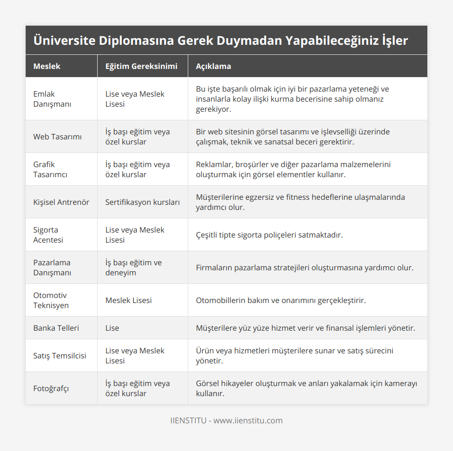 Emlak Danışmanı, Lise veya Meslek Lisesi, Bu işte başarılı olmak için iyi bir pazarlama yeteneği ve insanlarla kolay ilişki kurma becerisine sahip olmanız gerekiyor, Web Tasarımı, İş başı eğitim veya özel kurslar, Bir web sitesinin görsel tasarımı ve işlevselliği üzerinde çalışmak, teknik ve sanatsal beceri gerektirir, Grafik Tasarımcı, İş başı eğitim veya özel kurslar, Reklamlar, broşürler ve diğer pazarlama malzemelerini oluşturmak için görsel elementler kullanır, Kişisel Antrenör, Sertifikasyon kursları, Müşterilerine egzersiz ve fitness hedeflerine ulaşmalarında yardımcı olur, Sigorta Acentesi, Lise veya Meslek Lisesi, Çeşitli tipte sigorta poliçeleri satmaktadır, Pazarlama Danışmanı, İş başı eğitim ve deneyim, Firmaların pazarlama stratejileri oluşturmasına yardımcı olur, Otomotiv Teknisyen, Meslek Lisesi, Otomobillerin bakım ve onarımını gerçekleştirir, Banka Telleri, Lise, Müşterilere yüz yüze hizmet verir ve finansal işlemleri yönetir, Satış Temsilcisi, Lise veya Meslek Lisesi, Ürün veya hizmetleri müşterilere sunar ve satış sürecini yönetir, Fotoğrafçı, İş başı eğitim veya özel kurslar, Görsel hikayeler oluşturmak ve anları yakalamak için kamerayı kullanır