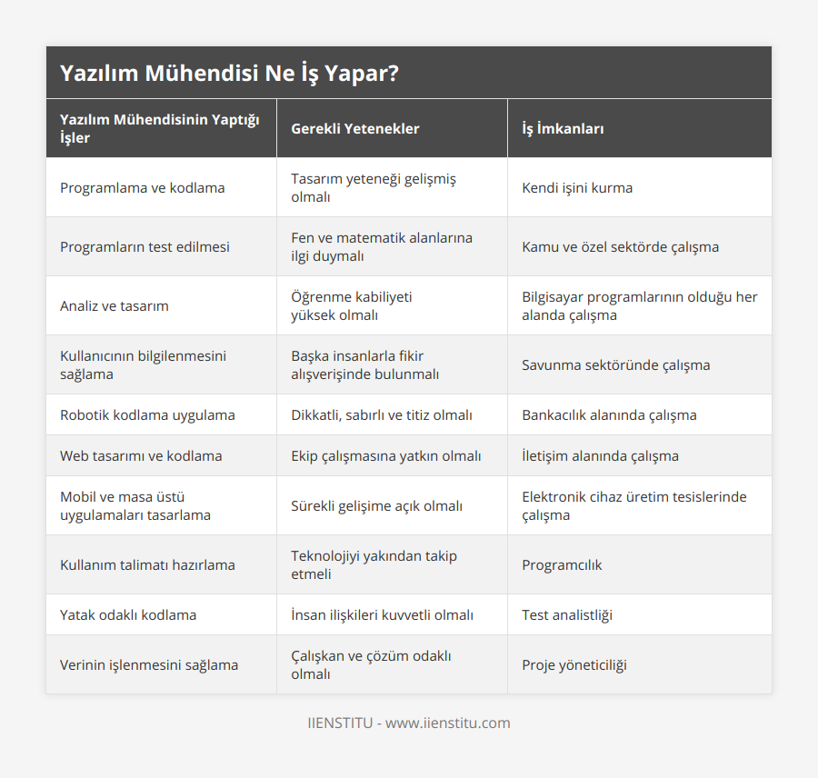 Programlama ve kodlama, Tasarım yeteneği gelişmiş olmalı, Kendi işini kurma, Programların test edilmesi, Fen ve matematik alanlarına ilgi duymalı, Kamu ve özel sektörde çalışma, Analiz ve tasarım, Öğrenme kabiliyeti yüksek olmalı, Bilgisayar programlarının olduğu her alanda çalışma, Kullanıcının bilgilenmesini sağlama, Başka insanlarla fikir alışverişinde bulunmalı, Savunma sektöründe çalışma, Robotik kodlama uygulama, Dikkatli, sabırlı ve titiz olmalı, Bankacılık alanında çalışma, Web tasarımı ve kodlama, Ekip çalışmasına yatkın olmalı, İletişim alanında çalışma, Mobil ve masa üstü uygulamaları tasarlama, Sürekli gelişime açık olmalı, Elektronik cihaz üretim tesislerinde çalışma, Kullanım talimatı hazırlama, Teknolojiyi yakından takip etmeli, Programcılık, Yatak odaklı kodlama, İnsan ilişkileri kuvvetli olmalı, Test analistliği, Verinin işlenmesini sağlama, Çalışkan ve çözüm odaklı olmalı, Proje yöneticiliği