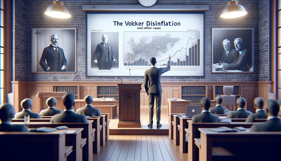 The image above features a realistic portrayal of a person presenting "The Volcker Disinflation and Other Cases." The setting is a professional environment, such as a university lecture hall or conference room, and includes elements that enhance the educational and professional atmosphere of the scene.