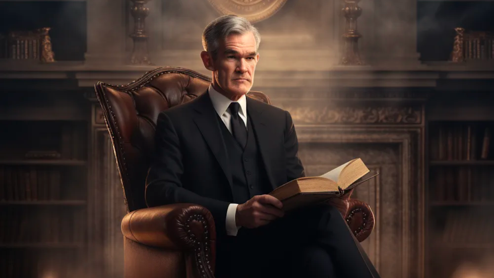 An image of Jerome Powell, the Federal Reserve Chairman, in his official capacity. He is shown in a professional setting, either in the Federal Reserve Boardroom or at a press conference podium. Jerome Powell is depicted wearing a suit, exuding an air of authority and confidence, reflecting the seriousness and responsibility associated with his role.