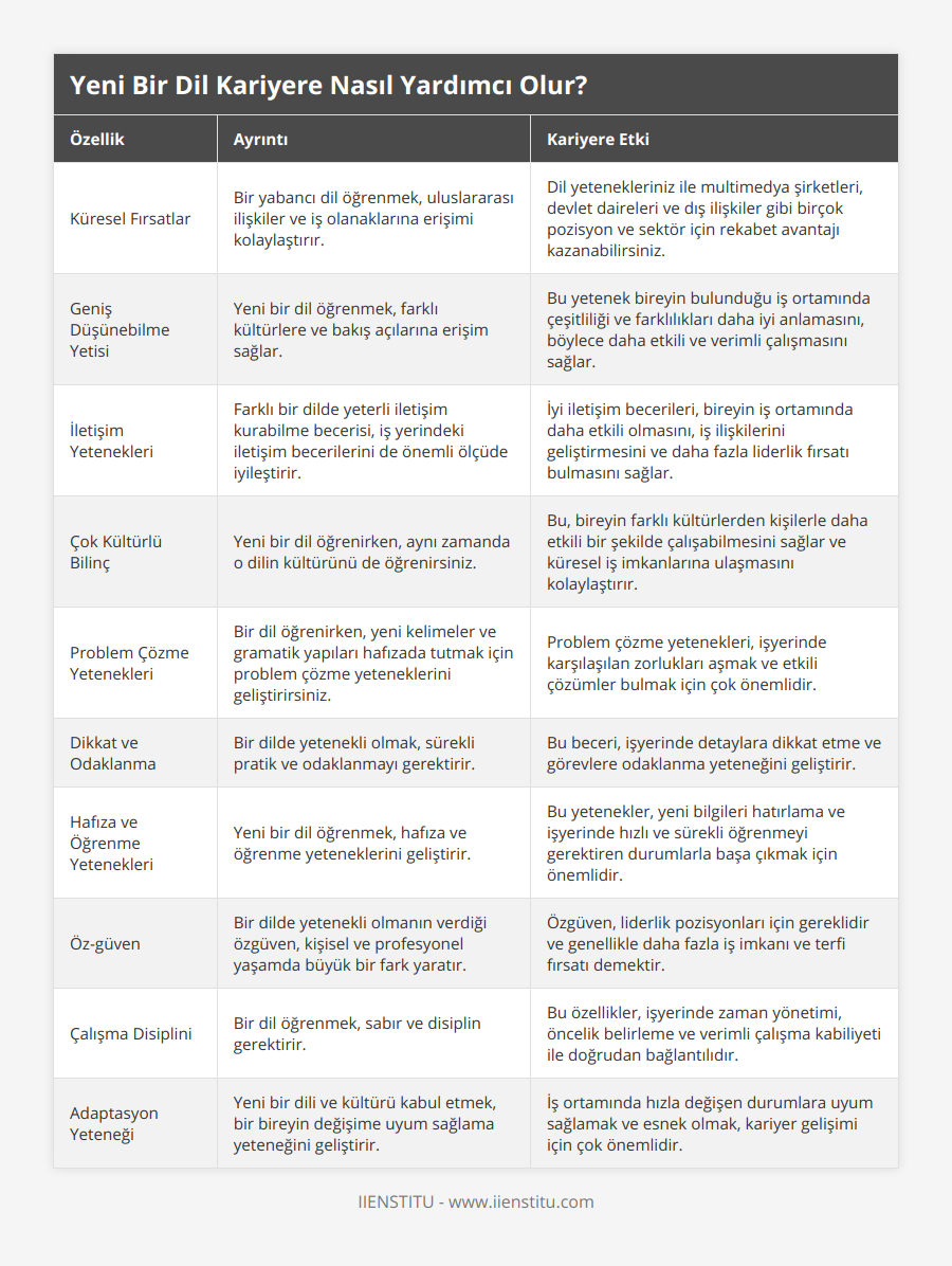 Küresel Fırsatlar, Bir yabancı dil öğrenmek, uluslararası ilişkiler ve iş olanaklarına erişimi kolaylaştırır, Dil yetenekleriniz ile multimedya şirketleri, devlet daireleri ve dış ilişkiler gibi birçok pozisyon ve sektör için rekabet avantajı kazanabilirsiniz, Geniş Düşünebilme Yetisi, Yeni bir dil öğrenmek, farklı kültürlere ve bakış açılarına erişim sağlar, Bu yetenek bireyin bulunduğu iş ortamında çeşitliliği ve farklılıkları daha iyi anlamasını, böylece daha etkili ve verimli çalışmasını sağlar, İletişim Yetenekleri, Farklı bir dilde yeterli iletişim kurabilme becerisi, iş yerindeki iletişim becerilerini de önemli ölçüde iyileştirir, İyi iletişim becerileri, bireyin iş ortamında daha etkili olmasını, iş ilişkilerini geliştirmesini ve daha fazla liderlik fırsatı bulmasını sağlar, Çok Kültürlü Bilinç, Yeni bir dil öğrenirken, aynı zamanda o dilin kültürünü de öğrenirsiniz, Bu, bireyin farklı kültürlerden kişilerle daha etkili bir şekilde çalışabilmesini sağlar ve küresel iş imkanlarına ulaşmasını kolaylaştırır, Problem Çözme Yetenekleri, Bir dil öğrenirken, yeni kelimeler ve gramatik yapıları hafızada tutmak için problem çözme yeteneklerini geliştirirsiniz, Problem çözme yetenekleri, işyerinde karşılaşılan zorlukları aşmak ve etkili çözümler bulmak için çok önemlidir, Dikkat ve Odaklanma, Bir dilde yetenekli olmak, sürekli pratik ve odaklanmayı gerektirir, Bu beceri, işyerinde detaylara dikkat etme ve görevlere odaklanma yeteneğini geliştirir, Hafıza ve Öğrenme Yetenekleri, Yeni bir dil öğrenmek, hafıza ve öğrenme yeteneklerini geliştirir, Bu yetenekler, yeni bilgileri hatırlama ve işyerinde hızlı ve sürekli öğrenmeyi gerektiren durumlarla başa çıkmak için önemlidir, Öz-güven, Bir dilde yetenekli olmanın verdiği özgüven, kişisel ve profesyonel yaşamda büyük bir fark yaratır, Özgüven, liderlik pozisyonları için gereklidir ve genellikle daha fazla iş imkanı ve terfi fırsatı demektir, Çalışma Disiplini, Bir dil öğrenmek, sabır ve disiplin gerektirir, Bu özellikler, işyerinde zaman yönetimi, öncelik belirleme ve verimli çalışma kabiliyeti ile doğrudan bağlantılıdır, Adaptasyon Yeteneği, Yeni bir dili ve kültürü kabul etmek, bir bireyin değişime uyum sağlama yeteneğini geliştirir, İş ortamında hızla değişen durumlara uyum sağlamak ve esnek olmak, kariyer gelişimi için çok önemlidir