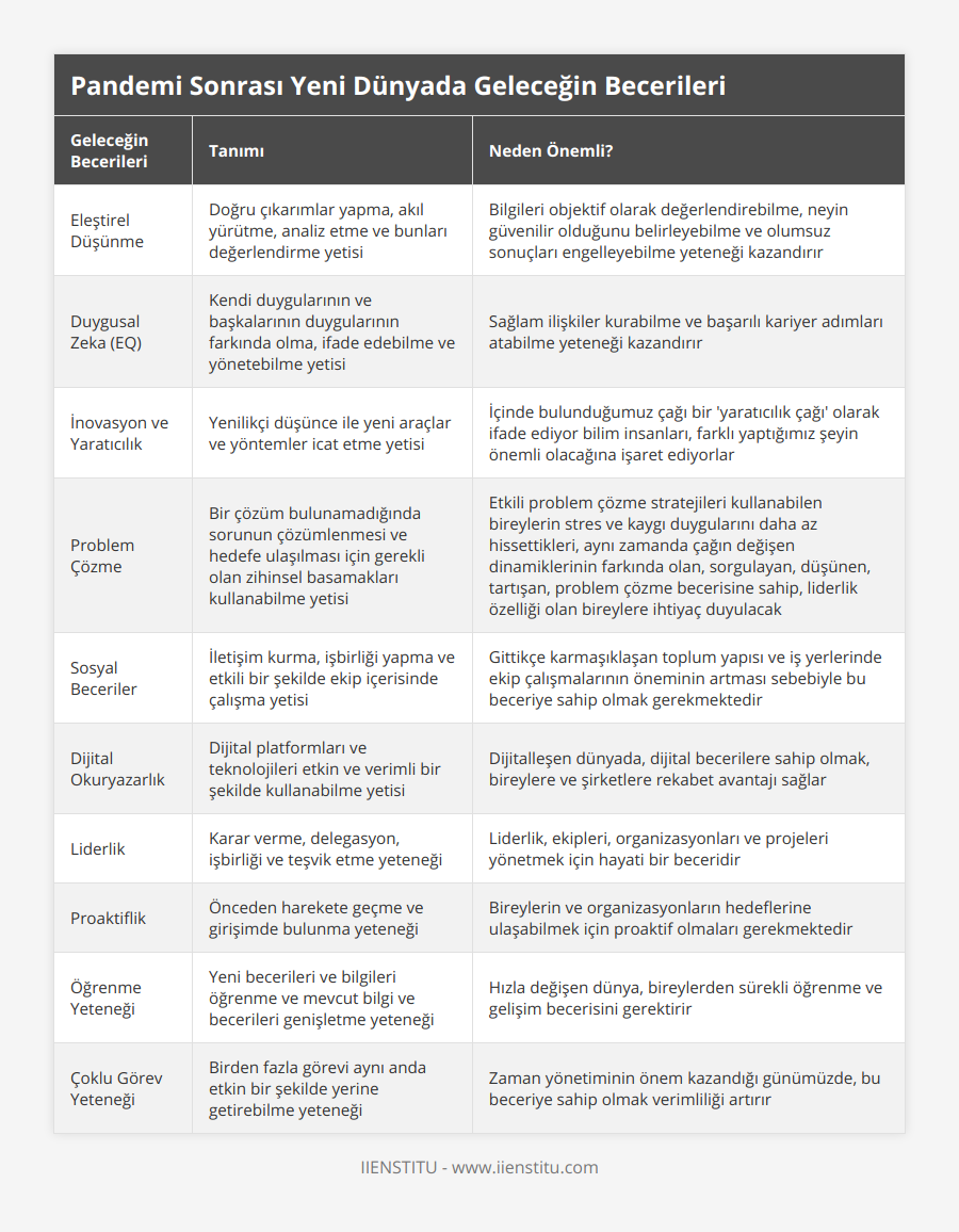 Eleştirel Düşünme, Doğru çıkarımlar yapma, akıl yürütme, analiz etme ve bunları değerlendirme yetisi, Bilgileri objektif olarak değerlendirebilme, neyin güvenilir olduğunu belirleyebilme ve olumsuz sonuçları engelleyebilme yeteneği kazandırır, Duygusal Zeka (EQ), Kendi duygularının ve başkalarının duygularının farkında olma, ifade edebilme ve yönetebilme yetisi, Sağlam ilişkiler kurabilme ve başarılı kariyer adımları atabilme yeteneği kazandırır, İnovasyon ve Yaratıcılık, Yenilikçi düşünce ile yeni araçlar ve yöntemler icat etme yetisi, İçinde bulunduğumuz çağı bir 'yaratıcılık çağı' olarak ifade ediyor bilim insanları, farklı yaptığımız şeyin önemli olacağına işaret ediyorlar, Problem Çözme, Bir çözüm bulunamadığında sorunun çözümlenmesi ve hedefe ulaşılması için gerekli olan zihinsel basamakları kullanabilme yetisi, Etkili problem çözme stratejileri kullanabilen bireylerin stres ve kaygı duygularını daha az hissettikleri, aynı zamanda çağın değişen dinamiklerinin farkında olan, sorgulayan, düşünen, tartışan, problem çözme becerisine sahip, liderlik özelliği olan bireylere ihtiyaç duyulacak, Sosyal Beceriler, İletişim kurma, işbirliği yapma ve etkili bir şekilde ekip içerisinde çalışma yetisi, Gittikçe karmaşıklaşan toplum yapısı ve iş yerlerinde ekip çalışmalarının öneminin artması sebebiyle bu beceriye sahip olmak gerekmektedir, Dijital Okuryazarlık, Dijital platformları ve teknolojileri etkin ve verimli bir şekilde kullanabilme yetisi, Dijitalleşen dünyada, dijital becerilere sahip olmak, bireylere ve şirketlere rekabet avantajı sağlar, Liderlik, Karar verme, delegasyon, işbirliği ve teşvik etme yeteneği, Liderlik, ekipleri, organizasyonları ve projeleri yönetmek için hayati bir beceridir, Proaktiflik, Önceden harekete geçme ve girişimde bulunma yeteneği, Bireylerin ve organizasyonların hedeflerine ulaşabilmek için proaktif olmaları gerekmektedir, Öğrenme Yeteneği, Yeni becerileri ve bilgileri öğrenme ve mevcut bilgi ve becerileri genişletme yeteneği, Hızla değişen dünya, bireylerden sürekli öğrenme ve gelişim becerisini gerektirir, Çoklu Görev Yeteneği, Birden fazla görevi aynı anda etkin bir şekilde yerine getirebilme yeteneği, Zaman yönetiminin önem kazandığı günümüzde, bu beceriye sahip olmak verimliliği artırır