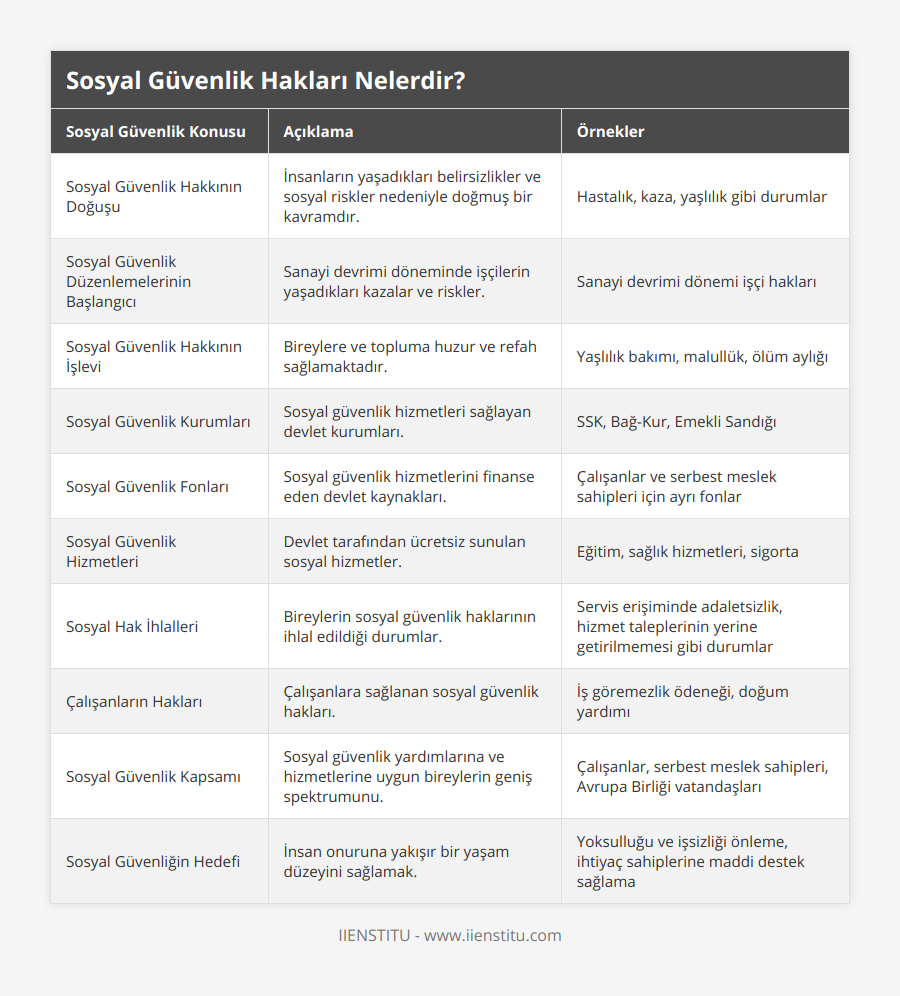 Sosyal Güvenlik Hakkının Doğuşu, İnsanların yaşadıkları belirsizlikler ve sosyal riskler nedeniyle doğmuş bir kavramdır, Hastalık, kaza, yaşlılık gibi durumlar, Sosyal Güvenlik Düzenlemelerinin Başlangıcı, Sanayi devrimi döneminde işçilerin yaşadıkları kazalar ve riskler, Sanayi devrimi dönemi işçi hakları, Sosyal Güvenlik Hakkının İşlevi, Bireylere ve topluma huzur ve refah sağlamaktadır, Yaşlılık bakımı, malullük, ölüm aylığı, Sosyal Güvenlik Kurumları, Sosyal güvenlik hizmetleri sağlayan devlet kurumları, SSK, Bağ-Kur, Emekli Sandığı, Sosyal Güvenlik Fonları, Sosyal güvenlik hizmetlerini finanse eden devlet kaynakları, Çalışanlar ve serbest meslek sahipleri için ayrı fonlar, Sosyal Güvenlik Hizmetleri, Devlet tarafından ücretsiz sunulan sosyal hizmetler, Eğitim, sağlık hizmetleri, sigorta, Sosyal Hak İhlalleri, Bireylerin sosyal güvenlik haklarının ihlal edildiği durumlar, Servis erişiminde adaletsizlik, hizmet taleplerinin yerine getirilmemesi gibi durumlar, Çalışanların Hakları, Çalışanlara sağlanan sosyal güvenlik hakları, İş göremezlik ödeneği, doğum yardımı, Sosyal Güvenlik Kapsamı, Sosyal güvenlik yardımlarına ve hizmetlerine uygun bireylerin geniş spektrumunu, Çalışanlar, serbest meslek sahipleri, Avrupa Birliği vatandaşları, Sosyal Güvenliğin Hedefi, İnsan onuruna yakışır bir yaşam düzeyini sağlamak, Yoksulluğu ve işsizliği önleme, ihtiyaç sahiplerine maddi destek sağlama