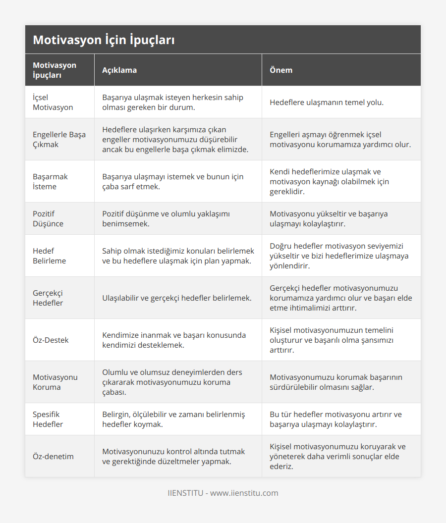 İçsel Motivasyon, Başarıya ulaşmak isteyen herkesin sahip olması gereken bir durum, Hedeflere ulaşmanın temel yolu, Engellerle Başa Çıkmak, Hedeflere ulaşırken karşımıza çıkan engeller motivasyonumuzu düşürebilir ancak bu engellerle başa çıkmak elimizde, Engelleri aşmayı öğrenmek içsel motivasyonu korumamıza yardımcı olur, Başarmak İsteme, Başarıya ulaşmayı istemek ve bunun için çaba sarf etmek, Kendi hedeflerimize ulaşmak ve motivasyon kaynağı olabilmek için gereklidir, Pozitif Düşünce, Pozitif düşünme ve olumlu yaklaşımı benimsemek, Motivasyonu yükseltir ve başarıya ulaşmayı kolaylaştırır, Hedef Belirleme, Sahip olmak istediğimiz konuları belirlemek ve bu hedeflere ulaşmak için plan yapmak, Doğru hedefler motivasyon seviyemizi yükseltir ve bizi hedeflerimize ulaşmaya yönlendirir, Gerçekçi Hedefler, Ulaşılabilir ve gerçekçi hedefler belirlemek, Gerçekçi hedefler motivasyonumuzu korumamıza yardımcı olur ve başarı elde etme ihtimalimizi arttırır, Öz-Destek, Kendimize inanmak ve başarı konusunda kendimizi desteklemek, Kişisel motivasyonumuzun temelini oluşturur ve başarılı olma şansımızı arttırır, Motivasyonu Koruma, Olumlu ve olumsuz deneyimlerden ders çıkararak motivasyonumuzu koruma çabası, Motivasyonumuzu korumak başarının sürdürülebilir olmasını sağlar, Spesifik Hedefler, Belirgin, ölçülebilir ve zamanı belirlenmiş hedefler koymak, Bu tür hedefler motivasyonu artırır ve başarıya ulaşmayı kolaylaştırır, Öz-denetim, Motivasyonunuzu kontrol altında tutmak ve gerektiğinde düzeltmeler yapmak, Kişisel motivasyonumuzu koruyarak ve yöneterek daha verimli sonuçlar elde ederiz