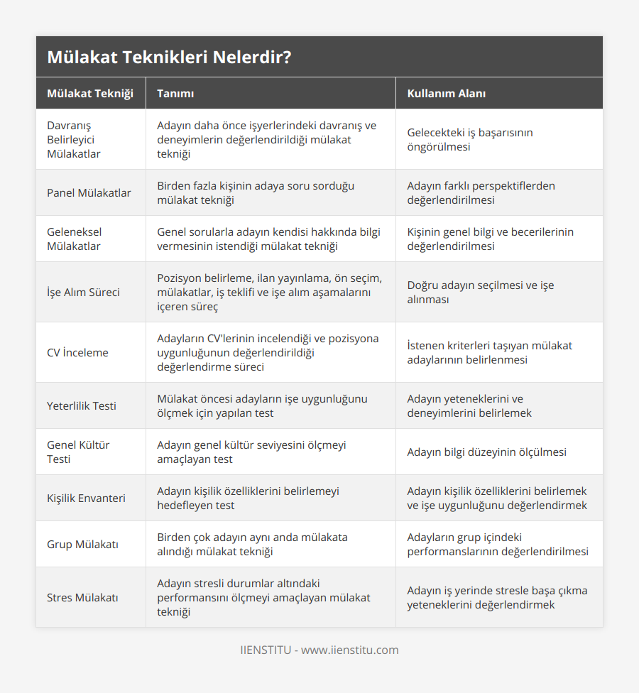 Davranış Belirleyici Mülakatlar, Adayın daha önce işyerlerindeki davranış ve deneyimlerin değerlendirildiği mülakat tekniği, Gelecekteki iş başarısının öngörülmesi, Panel Mülakatlar, Birden fazla kişinin adaya soru sorduğu mülakat tekniği, Adayın farklı perspektiflerden değerlendirilmesi, Geleneksel Mülakatlar, Genel sorularla adayın kendisi hakkında bilgi vermesinin istendiği mülakat tekniği, Kişinin genel bilgi ve becerilerinin değerlendirilmesi, İşe Alım Süreci, Pozisyon belirleme, ilan yayınlama, ön seçim, mülakatlar, iş teklifi ve işe alım aşamalarını içeren süreç, Doğru adayın seçilmesi ve işe alınması, CV İnceleme, Adayların CV'lerinin incelendiği ve pozisyona uygunluğunun değerlendirildiği değerlendirme süreci, İstenen kriterleri taşıyan mülakat adaylarının belirlenmesi, Yeterlilik Testi, Mülakat öncesi adayların işe uygunluğunu ölçmek için yapılan test, Adayın yeteneklerini ve deneyimlerini belirlemek, Genel Kültür Testi, Adayın genel kültür seviyesini ölçmeyi amaçlayan test, Adayın bilgi düzeyinin ölçülmesi, Kişilik Envanteri, Adayın kişilik özelliklerini belirlemeyi hedefleyen test, Adayın kişilik özelliklerini belirlemek ve işe uygunluğunu değerlendirmek, Grup Mülakatı, Birden çok adayın aynı anda mülakata alındığı mülakat tekniği, Adayların grup içindeki performanslarının değerlendirilmesi, Stres Mülakatı, Adayın stresli durumlar altındaki performansını ölçmeyi amaçlayan mülakat tekniği, Adayın iş yerinde stresle başa çıkma yeteneklerini değerlendirmek