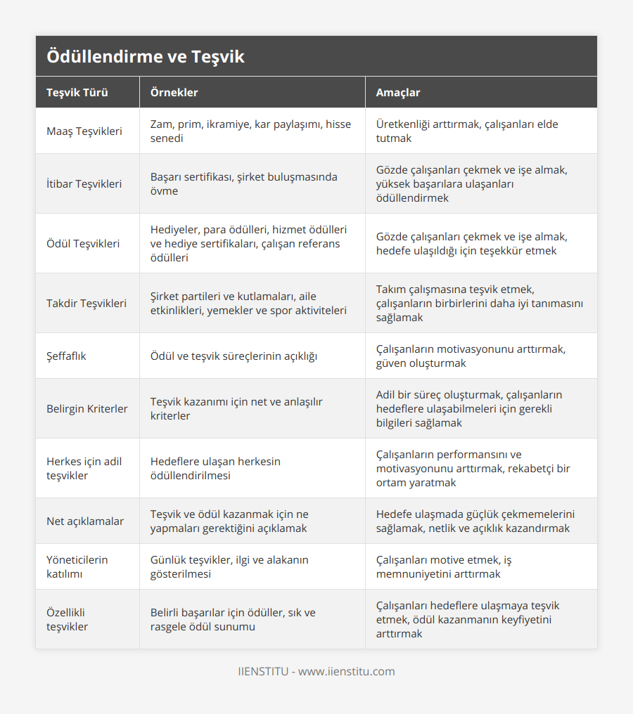 Maaş Teşvikleri, Zam, prim, ikramiye, kar paylaşımı, hisse senedi, Üretkenliği arttırmak, çalışanları elde tutmak, İtibar Teşvikleri, Başarı sertifikası, şirket buluşmasında övme, Gözde çalışanları çekmek ve işe almak, yüksek başarılara ulaşanları ödüllendirmek, Ödül Teşvikleri, Hediyeler, para ödülleri, hizmet ödülleri ve hediye sertifikaları, çalışan referans ödülleri, Gözde çalışanları çekmek ve işe almak, hedefe ulaşıldığı için teşekkür etmek, Takdir Teşvikleri, Şirket partileri ve kutlamaları, aile etkinlikleri, yemekler ve spor aktiviteleri, Takım çalışmasına teşvik etmek, çalışanların birbirlerini daha iyi tanımasını sağlamak, Şeffaflık, Ödül ve teşvik süreçlerinin açıklığı, Çalışanların motivasyonunu arttırmak, güven oluşturmak, Belirgin Kriterler, Teşvik kazanımı için net ve anlaşılır kriterler, Adil bir süreç oluşturmak, çalışanların hedeflere ulaşabilmeleri için gerekli bilgileri sağlamak, Herkes için adil teşvikler, Hedeflere ulaşan herkesin ödüllendirilmesi, Çalışanların performansını ve motivasyonunu arttırmak, rekabetçi bir ortam yaratmak, Net açıklamalar, Teşvik ve ödül kazanmak için ne yapmaları gerektiğini açıklamak, Hedefe ulaşmada güçlük çekmemelerini sağlamak, netlik ve açıklık kazandırmak, Yöneticilerin katılımı, Günlük teşvikler, ilgi ve alakanın gösterilmesi, Çalışanları motive etmek, iş memnuniyetini arttırmak, Özellikli teşvikler, Belirli başarılar için ödüller, sık ve rasgele ödül sunumu, Çalışanları hedeflere ulaşmaya teşvik etmek, ödül kazanmanın keyfiyetini arttırmak