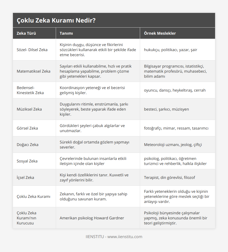 Sözel- Dilsel Zeka, Kişinin duygu, düşünce ve fikirlerini sözcükleri kullanarak etkili bir şekilde ifade etme becerisi, hukukçu, politikacı, yazar, şair, Matematiksel Zeka, Sayıları etkili kullanabilme, hızlı ve pratik hesaplama yapabilme, problem çözme gibi yetenekleri kapsar, Bilgisayar programcısı, istatistikçi, matematik profesörü, muhasebeci, bilim adamı, Bedensel- Kinestetik Zeka, Koordinasyon yeteneği ve el becerisi gelişmiş kişiler, oyuncu, dansçı, heykeltıraş, cerrah, Müziksel Zeka, Duygularını ritimle, enstrümanla, şarkı söyleyerek, beste yaparak ifade eden kişiler, besteci, şarkıcı, müzisyen, Görsel Zeka, Gördükleri şeyleri çabuk algılarlar ve unutmazlar, fotoğrafçı, mimar, ressam, tasarımcı, Doğacı Zeka, Sürekli doğal ortamda gözlem yapmayı severler, Meteoroloji uzmanı, jeolog, çiftçi, Sosyal Zeka, Çevrelerinde bulunan insanlarla etkili iletişim içinde olan kişiler, psikolog, politikacı, öğretmen turizmci ve rehberlik, halkla ilişkiler, İçsel Zeka, Kişi kendi özelliklerini tanır Kuvvetli ve zayıf yönlerini bilir, Terapist, din görevlisi, filozof, Çoklu Zeka Kuramı, Zekanın, farklı ve özel bir yapıya sahip olduğunu savunan kuram, Farklı yeteneklerin olduğu ve kişinin yeteneklerine göre meslek seçtiği bir anlayışı vardır, Çoklu Zeka Kuramı'nın Kurucusu, Amerikan psikolog Howard Gardner, Psikoloji bünyesinde çalışmalar yapmış, zeka konusunda önemli bir teori geliştirmiştir