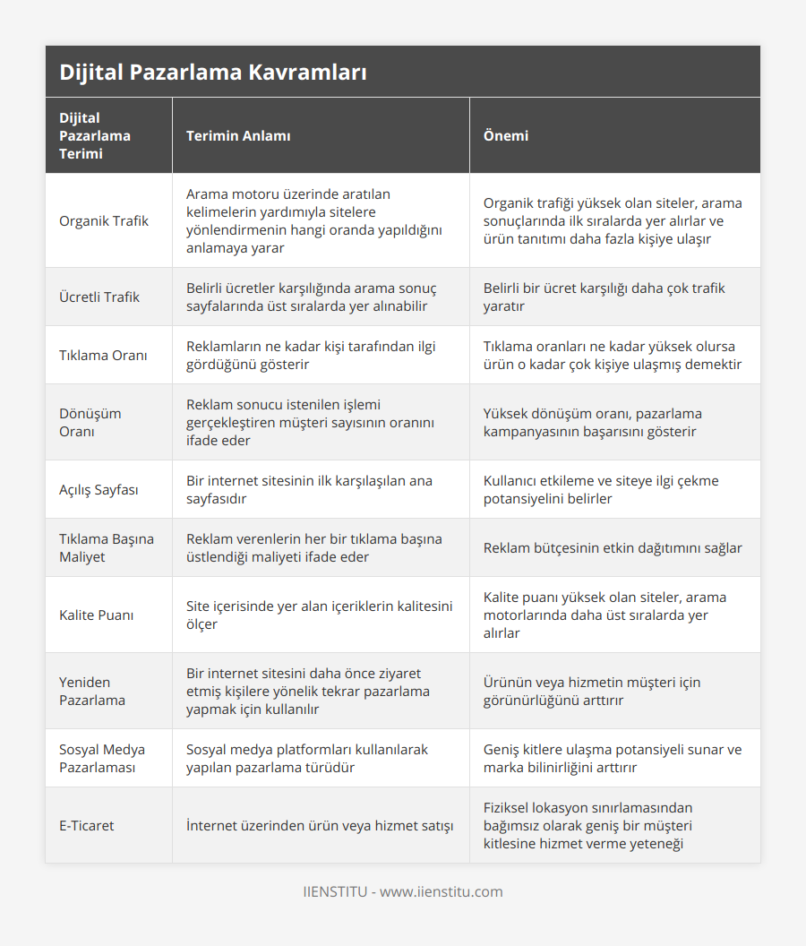 Organik Trafik, Arama motoru üzerinde aratılan kelimelerin yardımıyla sitelere yönlendirmenin hangi oranda yapıldığını anlamaya yarar, Organik trafiği yüksek olan siteler, arama sonuçlarında ilk sıralarda yer alırlar ve ürün tanıtımı daha fazla kişiye ulaşır, Ücretli Trafik, Belirli ücretler karşılığında arama sonuç sayfalarında üst sıralarda yer alınabilir, Belirli bir ücret karşılığı daha çok trafik yaratır, Tıklama Oranı, Reklamların ne kadar kişi tarafından ilgi gördüğünü gösterir, Tıklama oranları ne kadar yüksek olursa ürün o kadar çok kişiye ulaşmış demektir, Dönüşüm Oranı, Reklam sonucu istenilen işlemi gerçekleştiren müşteri sayısının oranını ifade eder, Yüksek dönüşüm oranı, pazarlama kampanyasının başarısını gösterir, Açılış Sayfası, Bir internet sitesinin ilk karşılaşılan ana sayfasıdır, Kullanıcı etkileme ve siteye ilgi çekme potansiyelini belirler, Tıklama Başına Maliyet, Reklam verenlerin her bir tıklama başına üstlendiği maliyeti ifade eder, Reklam bütçesinin etkin dağıtımını sağlar, Kalite Puanı, Site içerisinde yer alan içeriklerin kalitesini ölçer, Kalite puanı yüksek olan siteler, arama motorlarında daha üst sıralarda yer alırlar, Yeniden Pazarlama, Bir internet sitesini daha önce ziyaret etmiş kişilere yönelik tekrar pazarlama yapmak için kullanılır, Ürünün veya hizmetin müşteri için görünürlüğünü arttırır, Sosyal Medya Pazarlaması, Sosyal medya platformları kullanılarak yapılan pazarlama türüdür, Geniş kitlere ulaşma potansiyeli sunar ve marka bilinirliğini arttırır, E-Ticaret, İnternet üzerinden ürün veya hizmet satışı, Fiziksel lokasyon sınırlamasından bağımsız olarak geniş bir müşteri kitlesine hizmet verme yeteneği